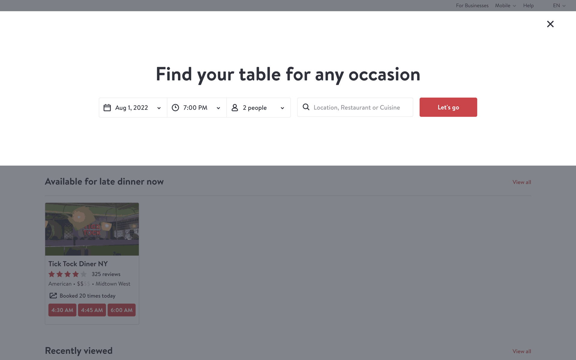 OpenTable Web UI screenshot 12