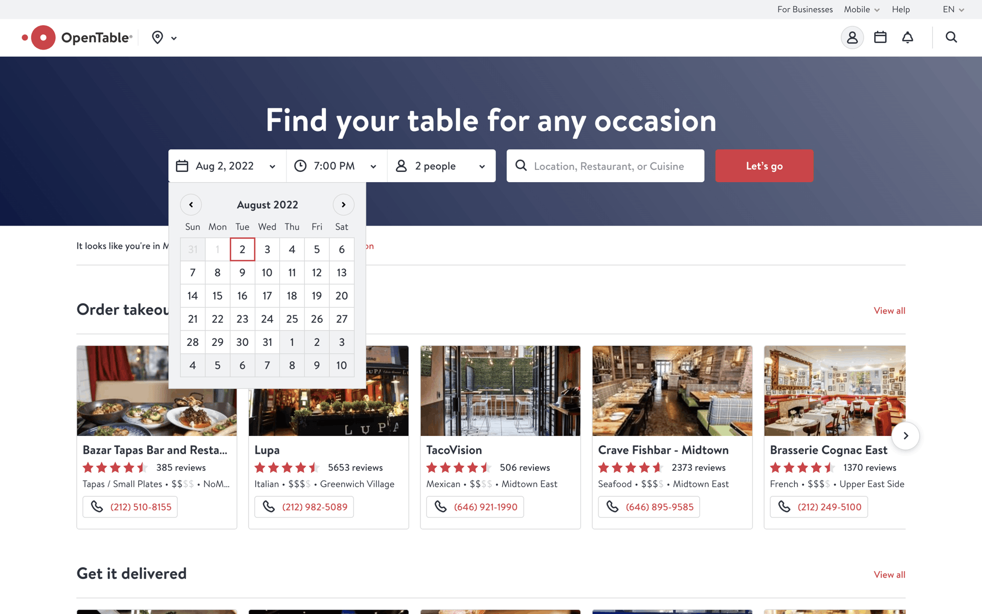 OpenTable Web UI screenshot 14