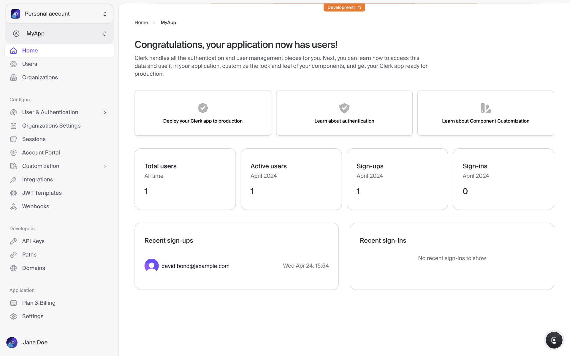Clerk Web Developer Tools interface screenshot 4