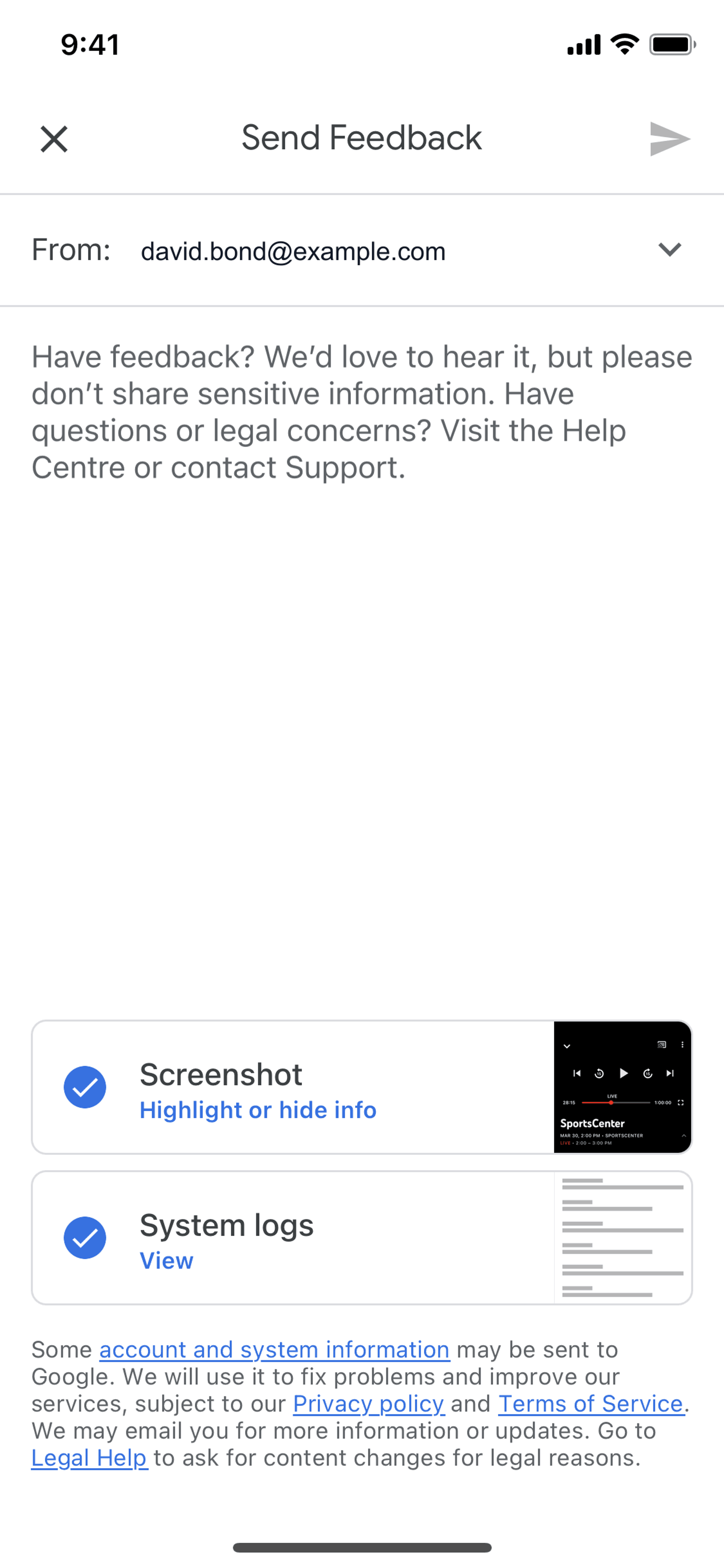 Sending feedback on YouTube TV (ios) screen 2