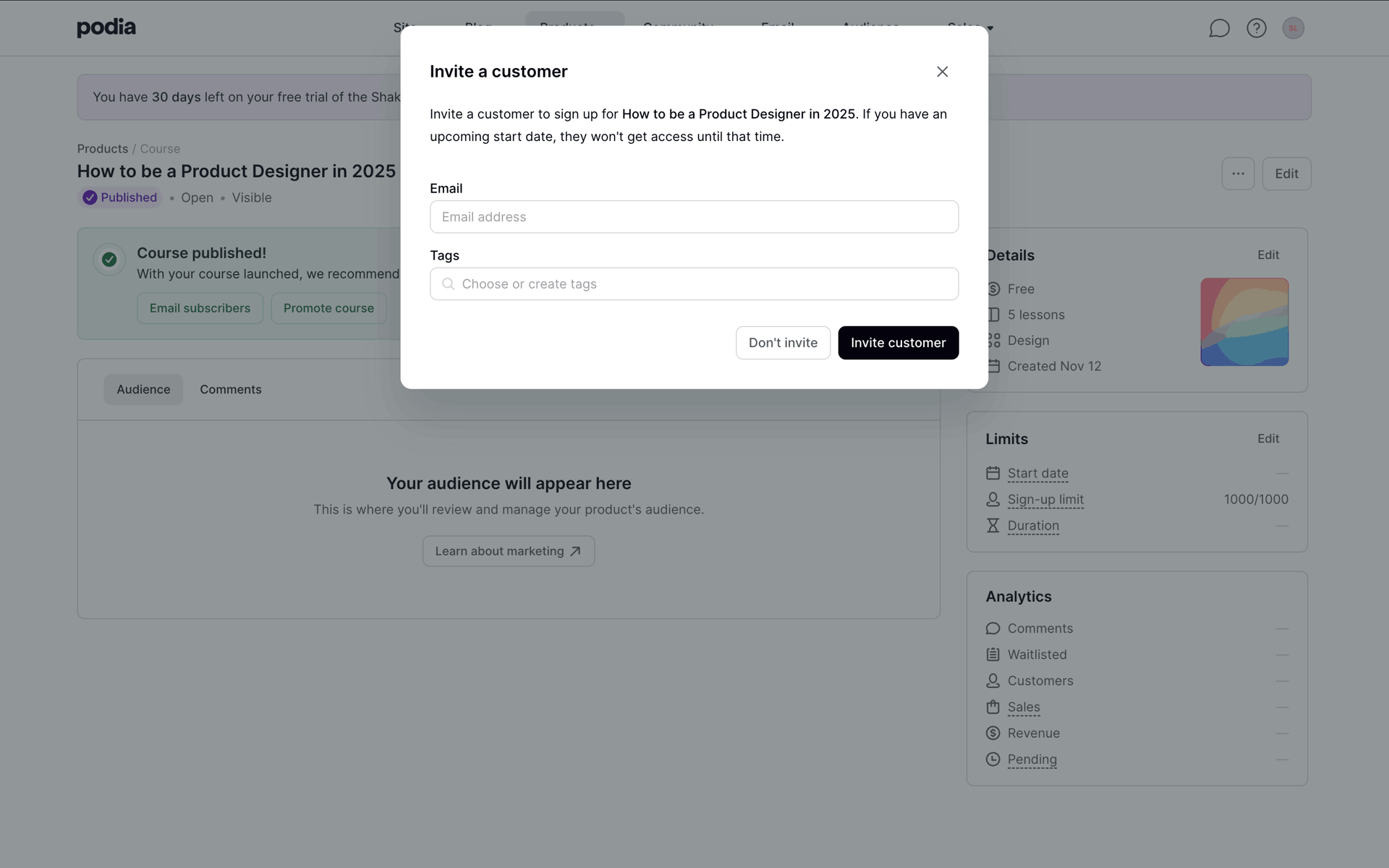 Podia Web Business interface screenshot 17