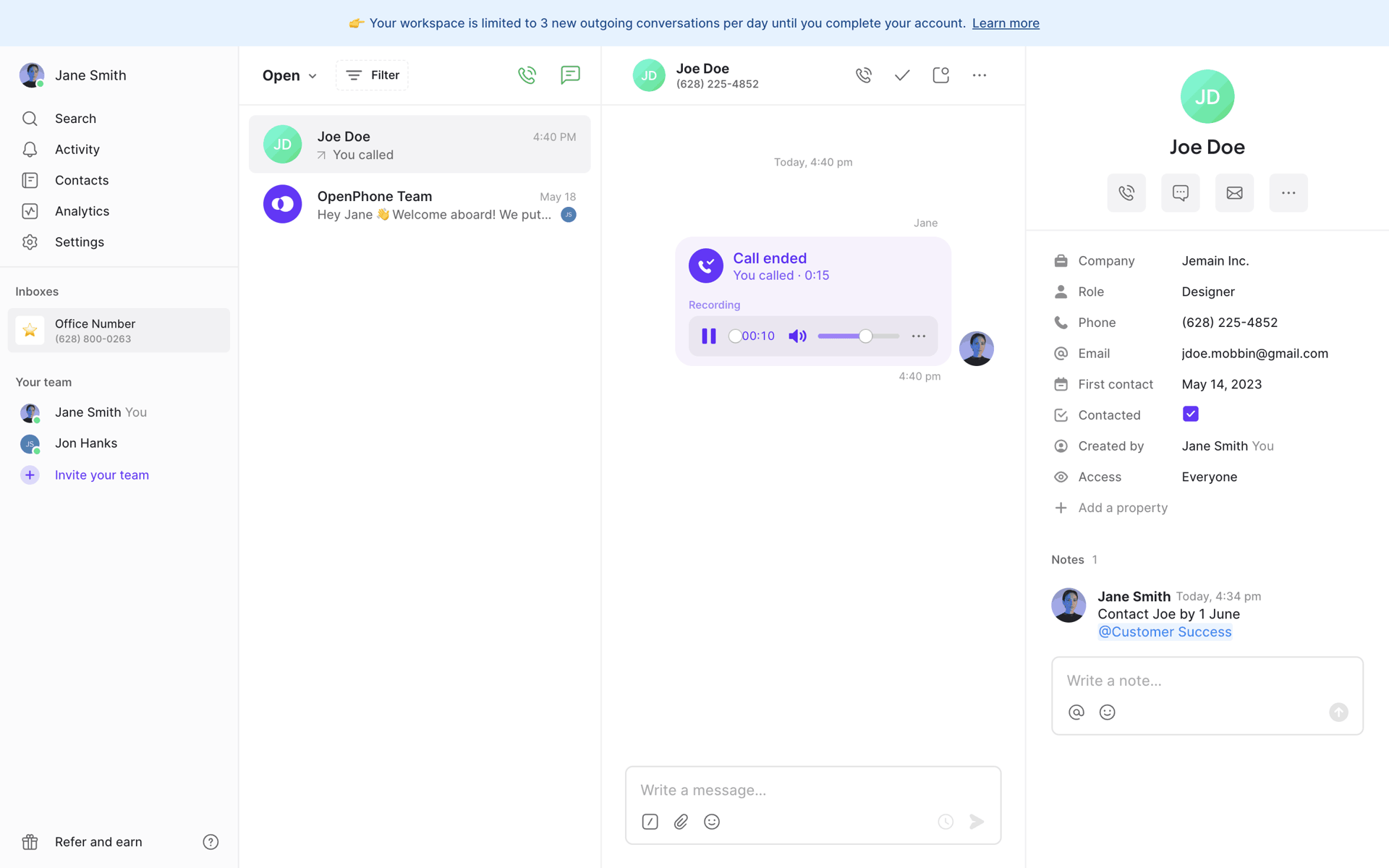 OpenPhone Web Business interface screenshot 15