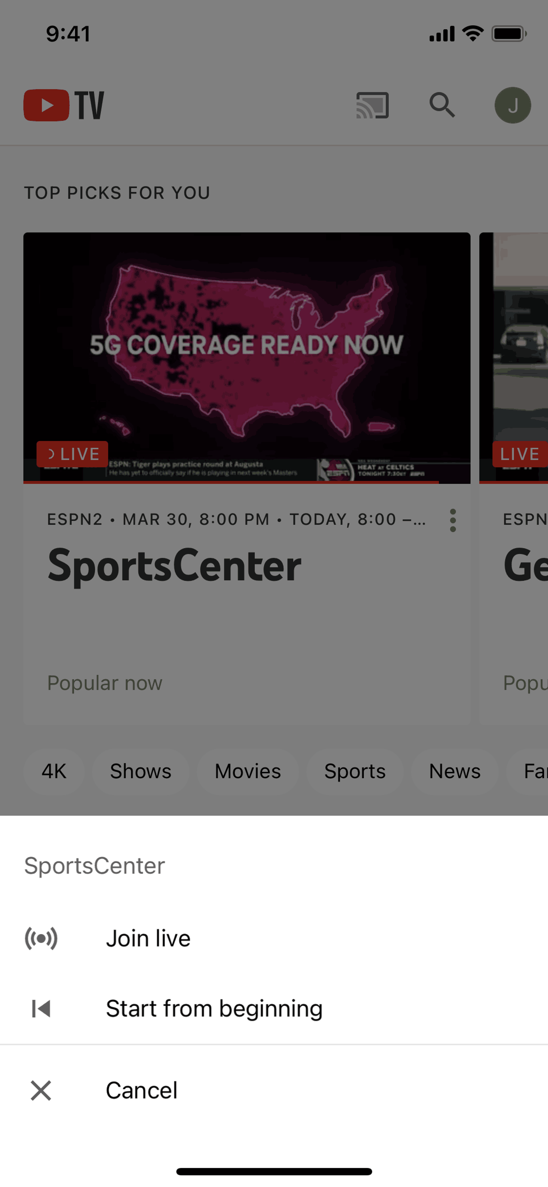 Joining a live stream on YouTube TV (ios) screen 2