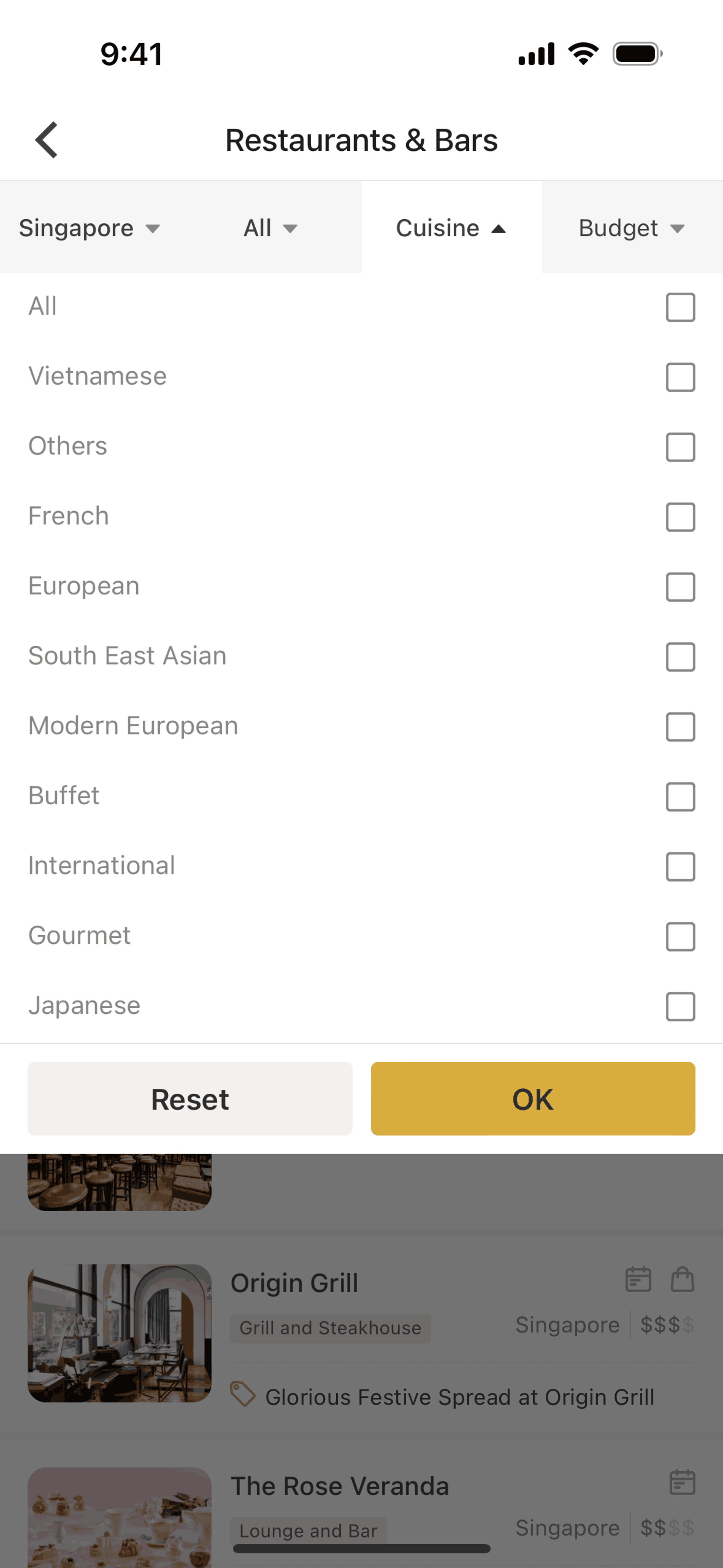 Filtering restaurant & bars on Shangri-La Circle (ios) screen 2