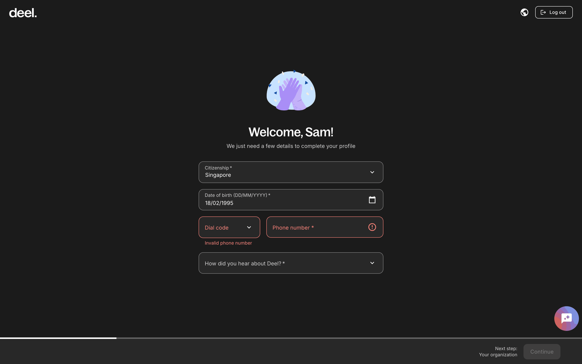 Completing sign up on Deel (web) screen 3