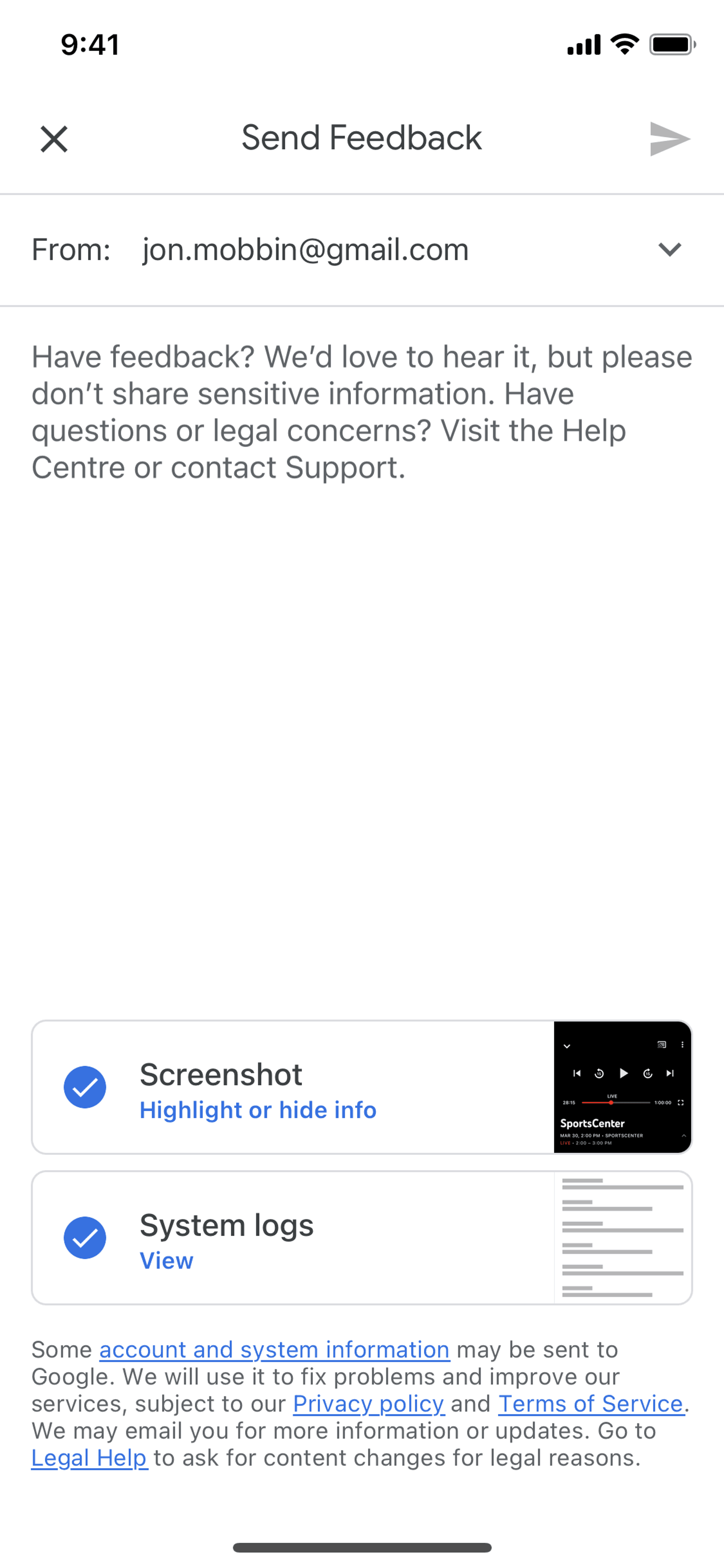 Sending feedback on YouTube TV (ios) screen 2