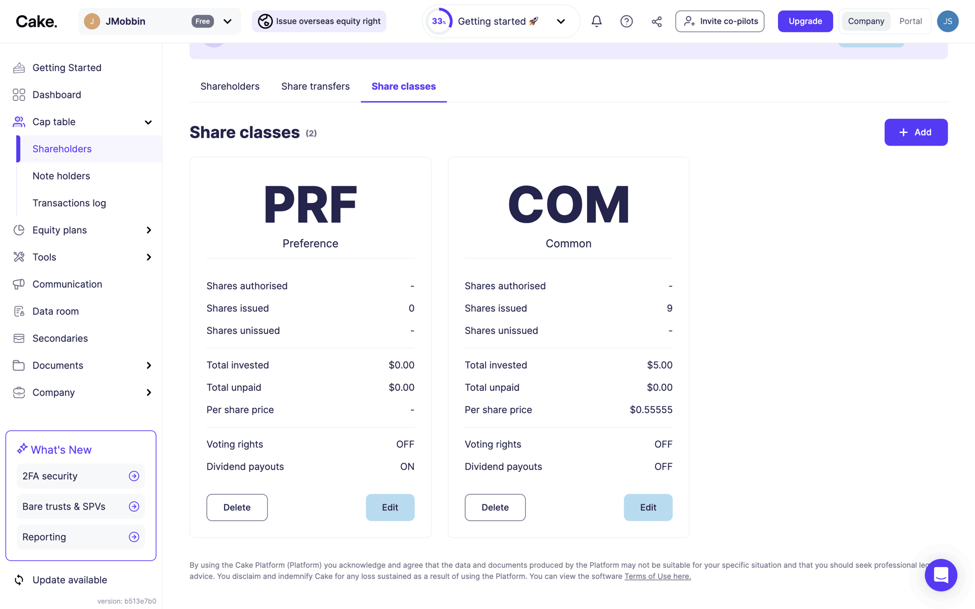 Cake Equity Web Business interface screenshot 24