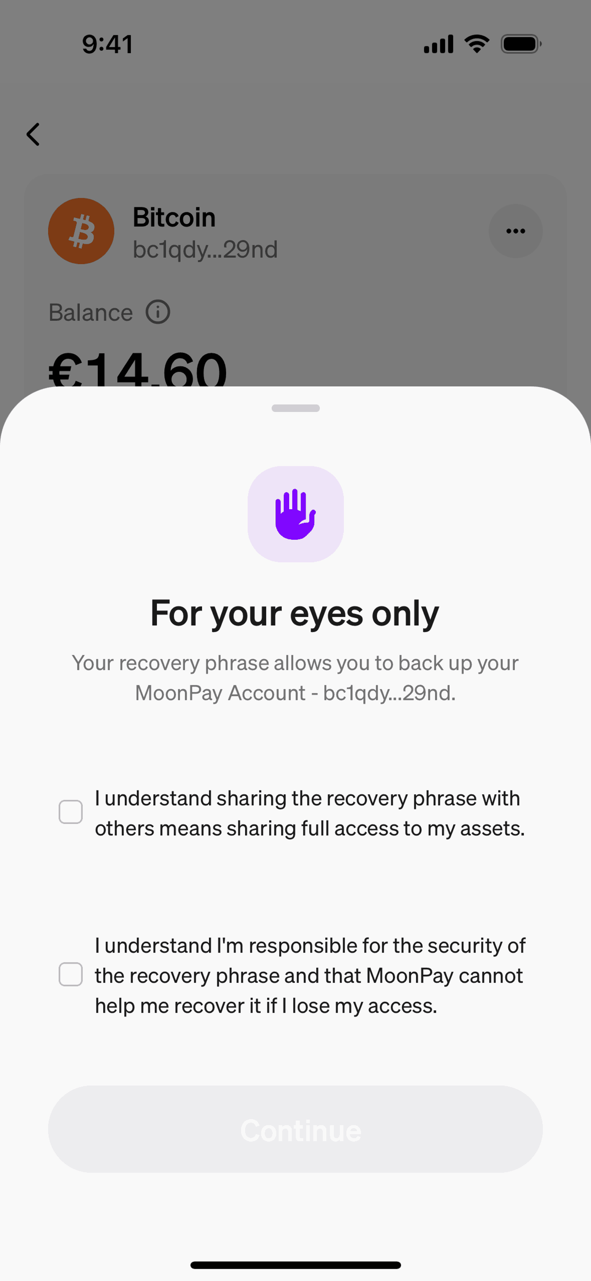 Showing recovery phrase on MoonPay (ios) screen 2