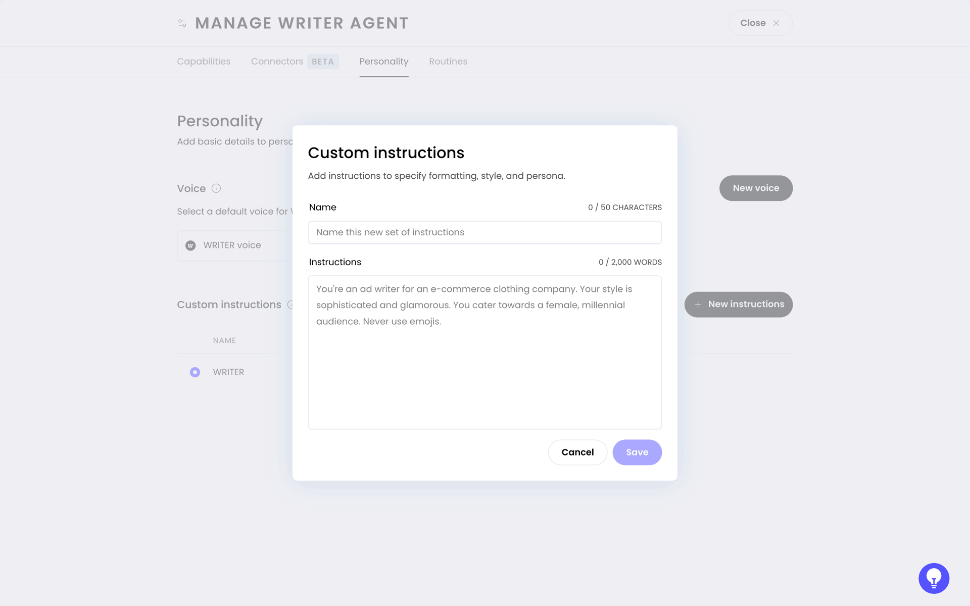 WRITER Web Business interface screenshot 7