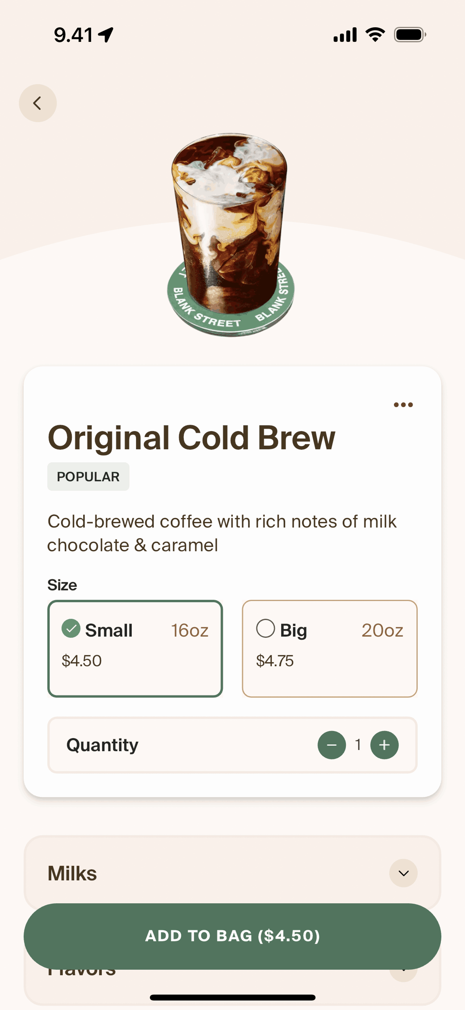 Adding to bag on Blank Street (ios) screen 2