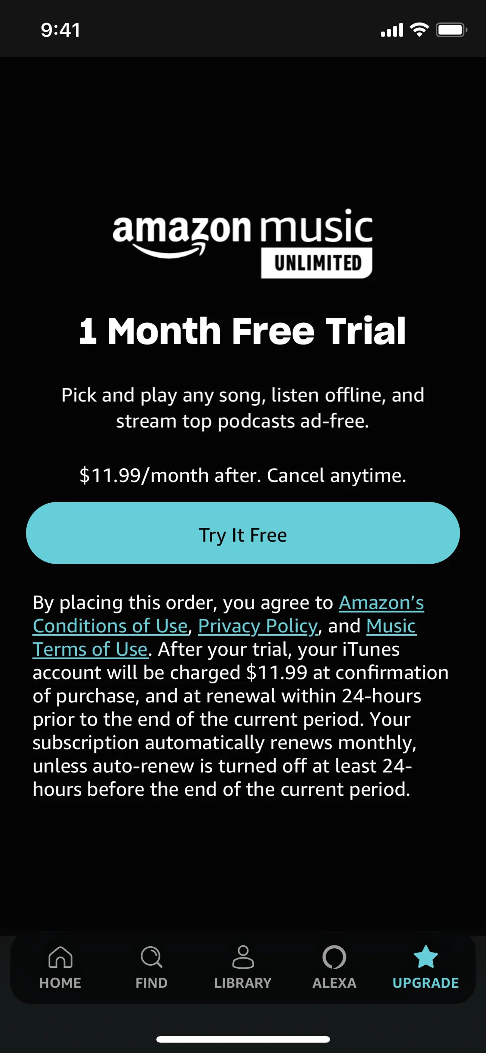 Subscribing to Amazon Music Unlimited on Amazon Music (ios) screen 2