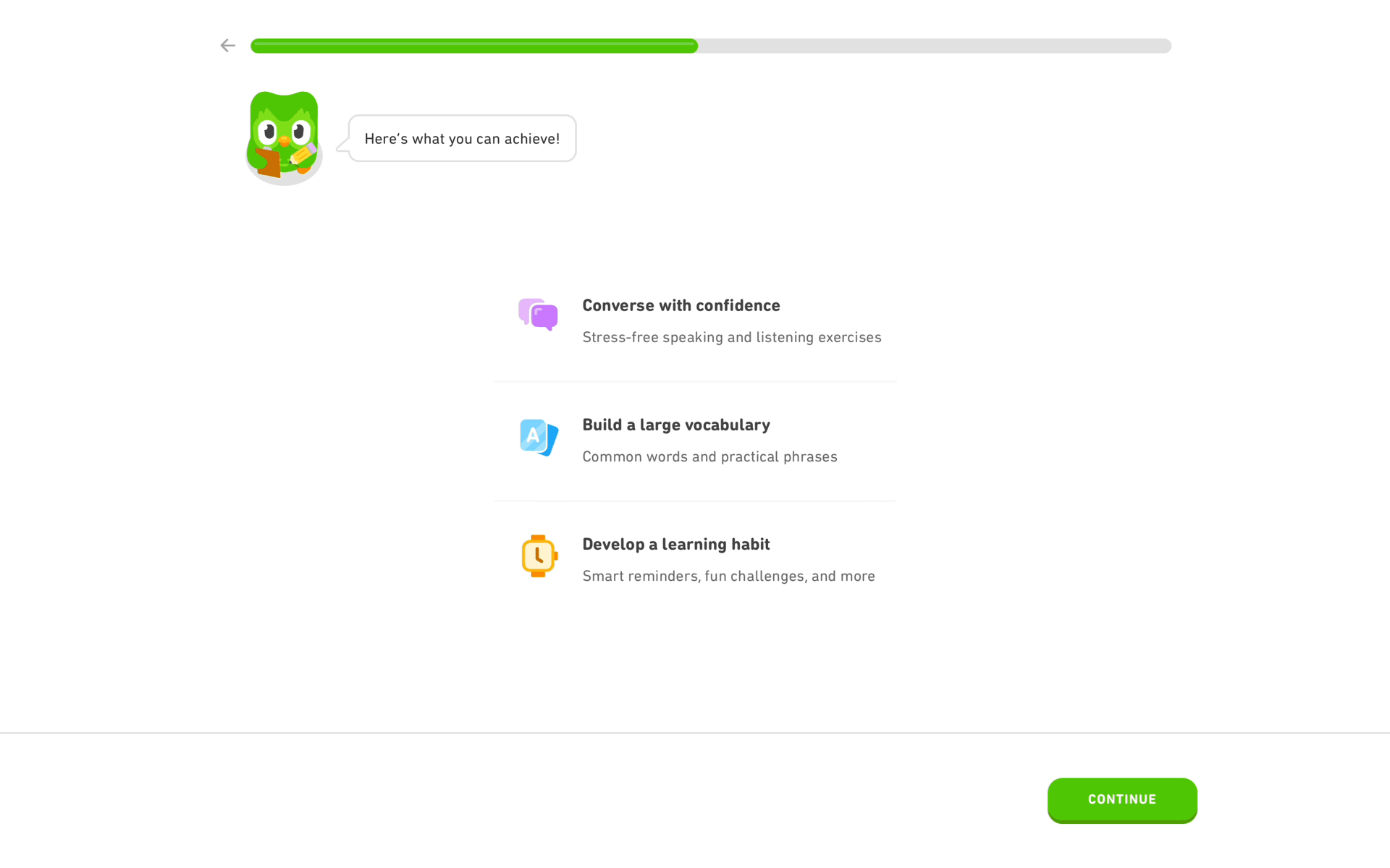 Onboarding on Duolingo (web) screen 9