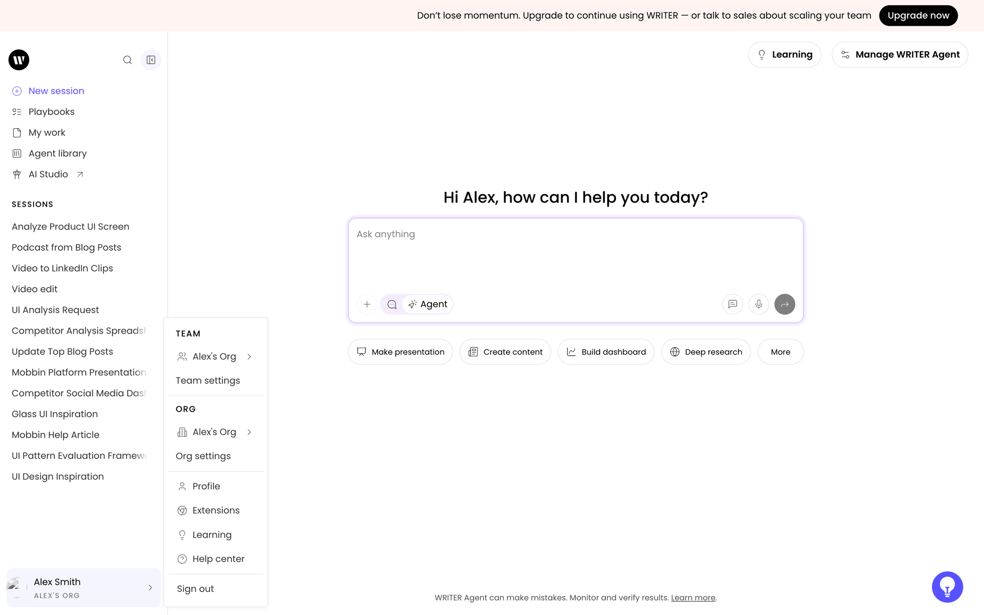WRITER Web Business interface screenshot 2