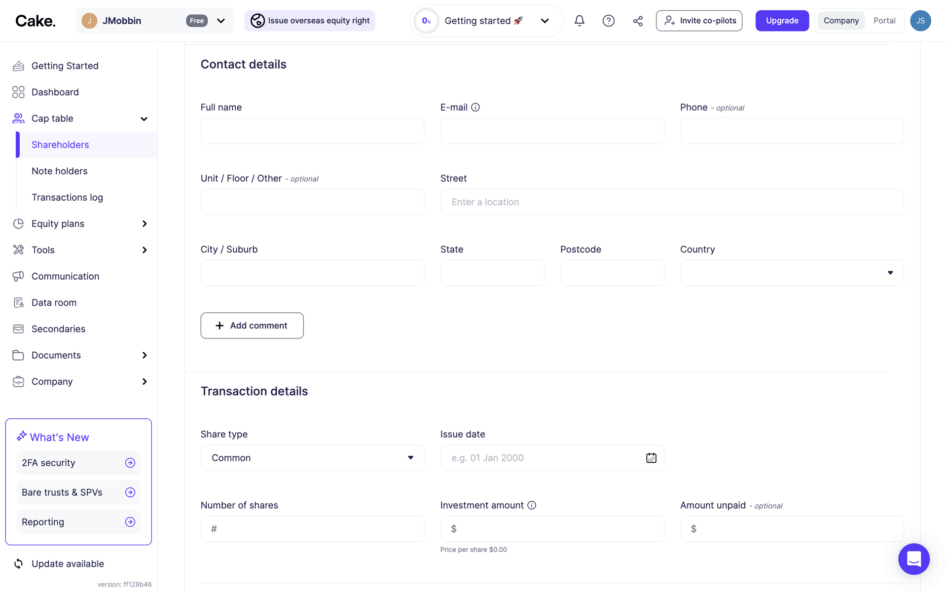 Cake Equity Web Business interface screenshot 10