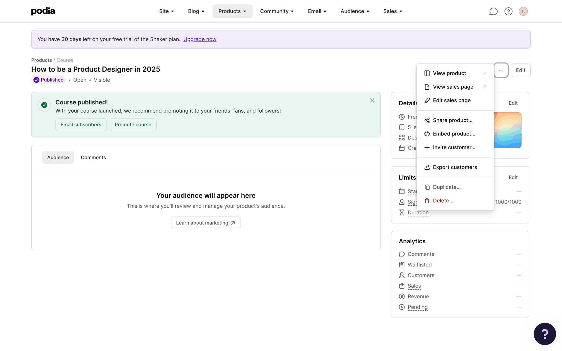 Podia Web Business interface screenshot 6