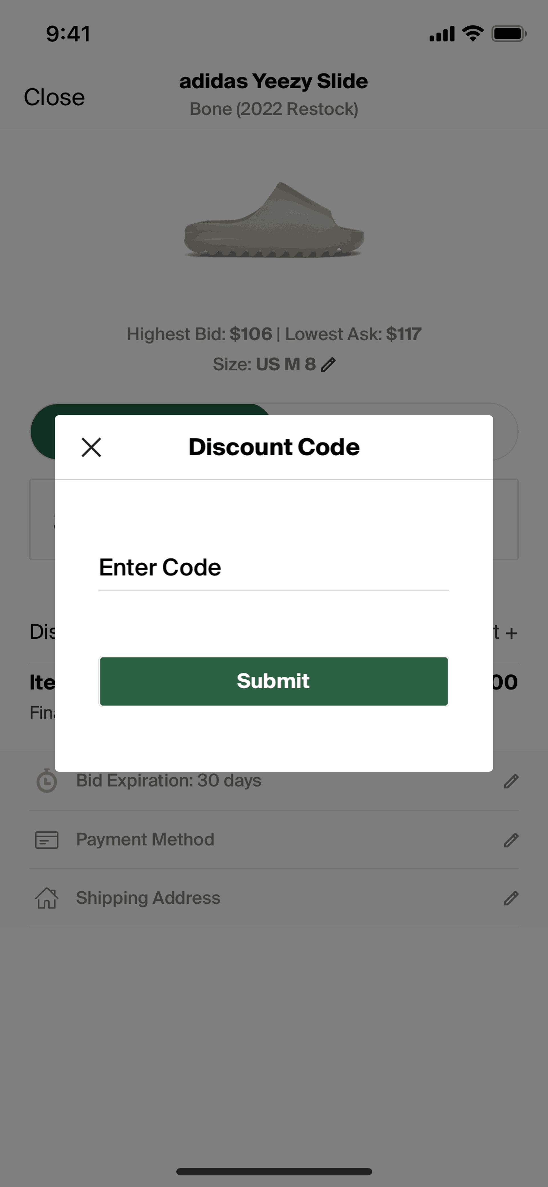 Entering a discount code on StockX (ios) screen 2