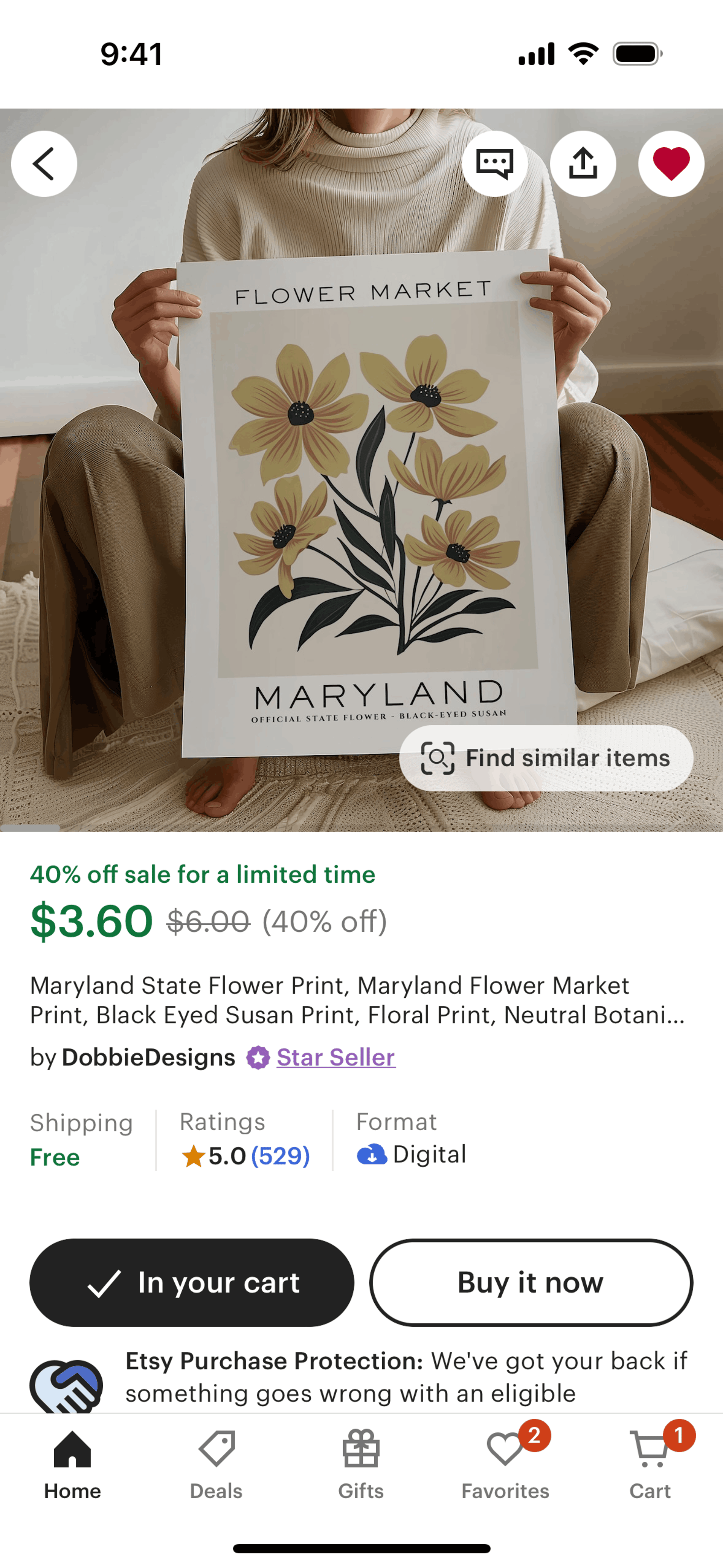 Adding an item to cart on Etsy (ios) screen 2