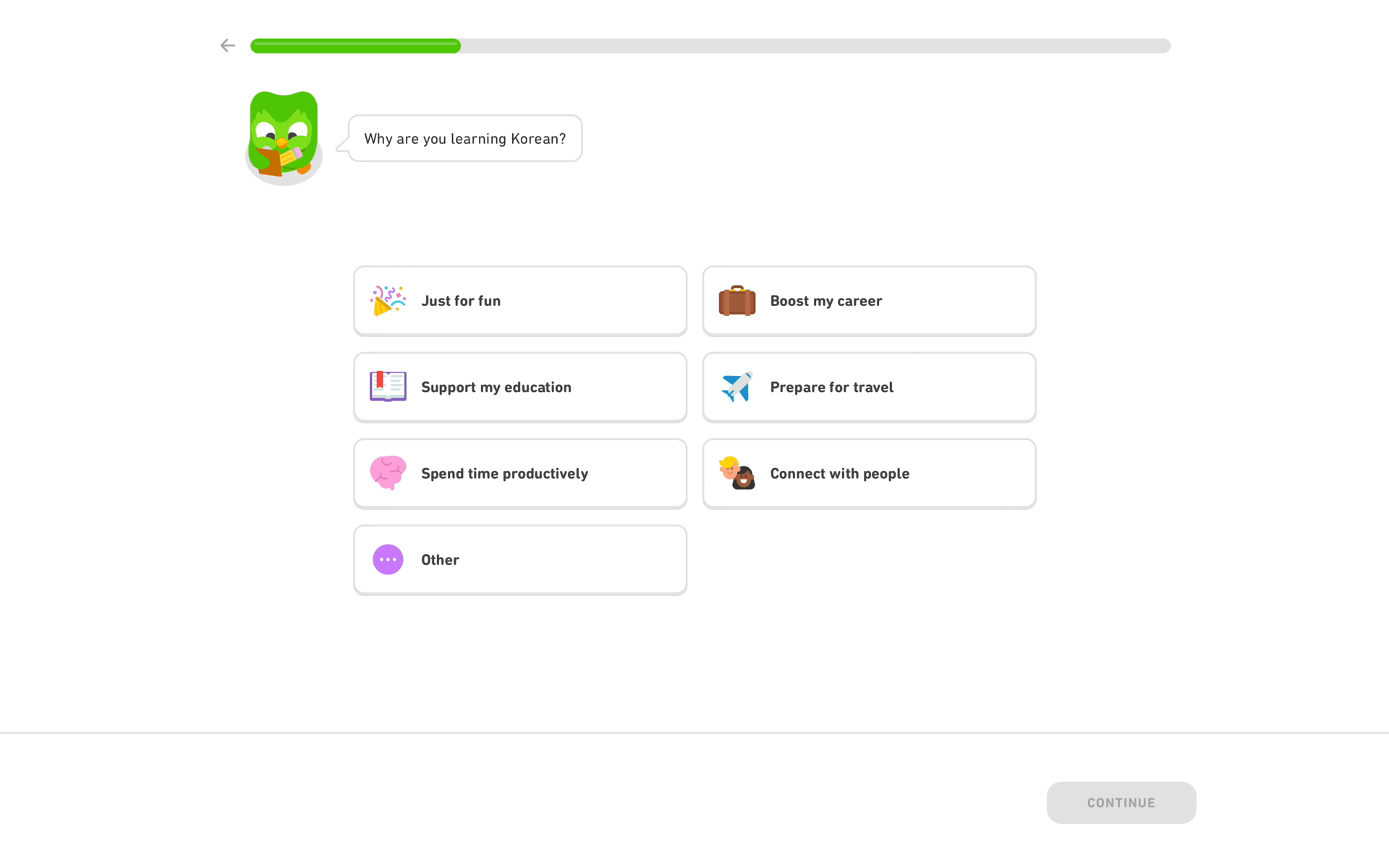 Onboarding on Duolingo (web) screen 5