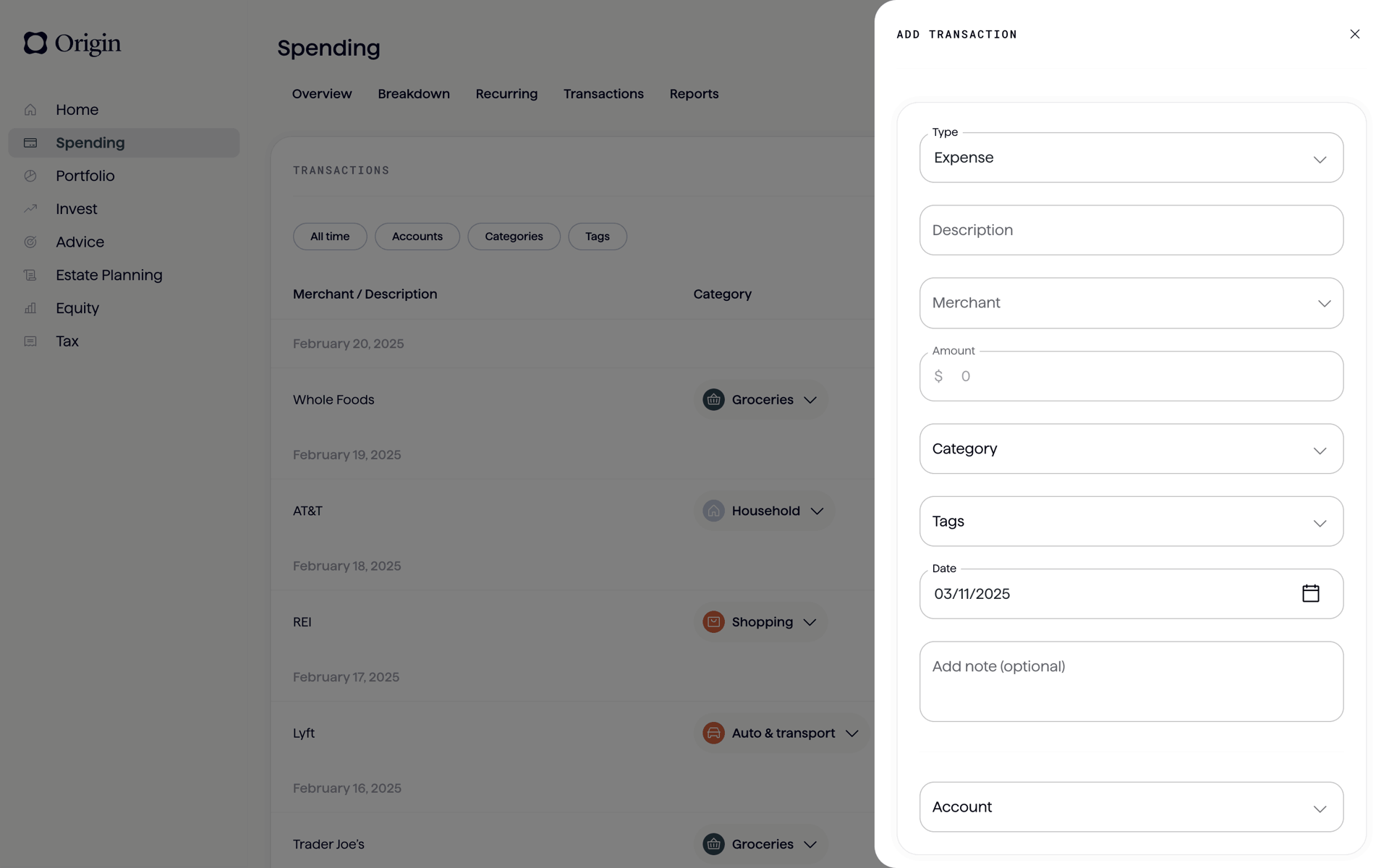 Origin Web Finance interface screenshot 7