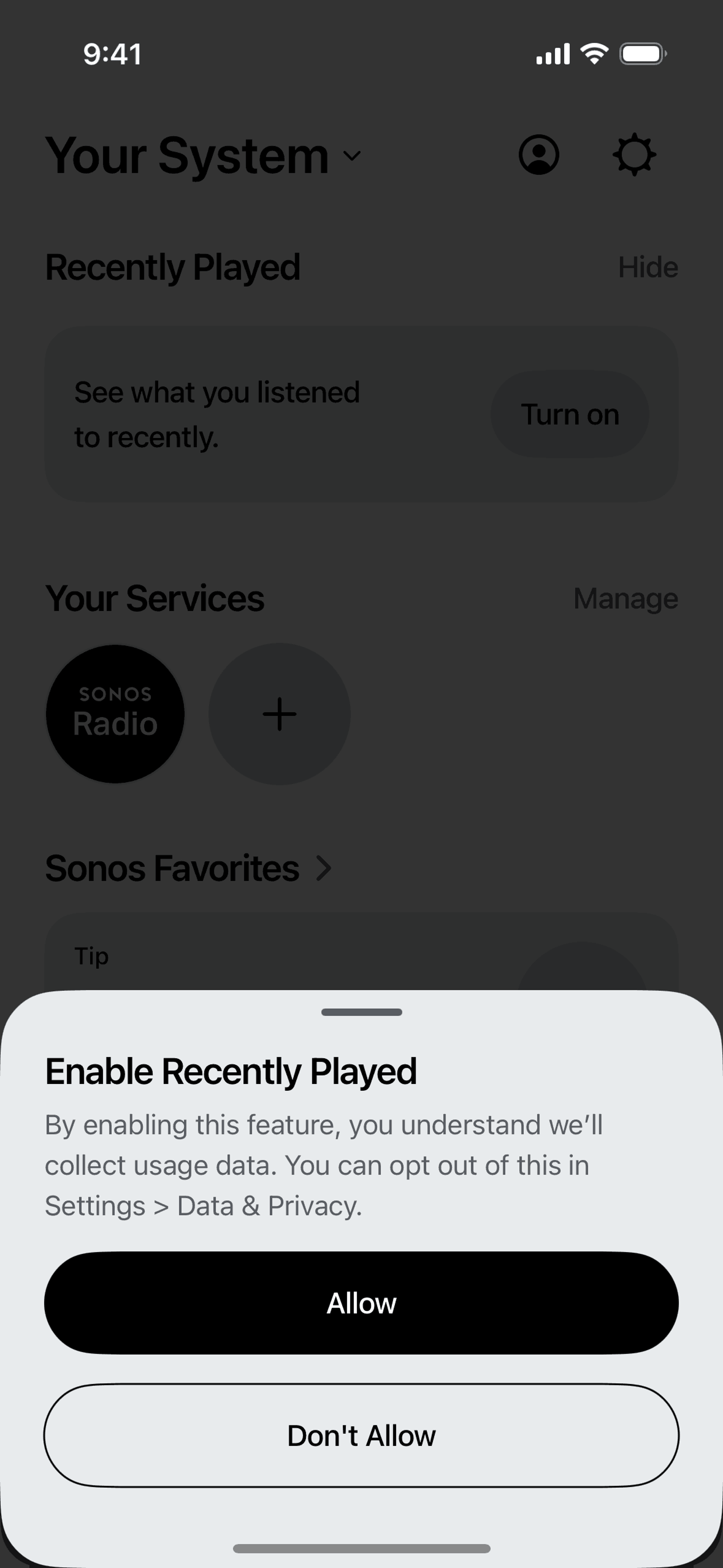 Enabling recently played on Sonos (ios) screen 2