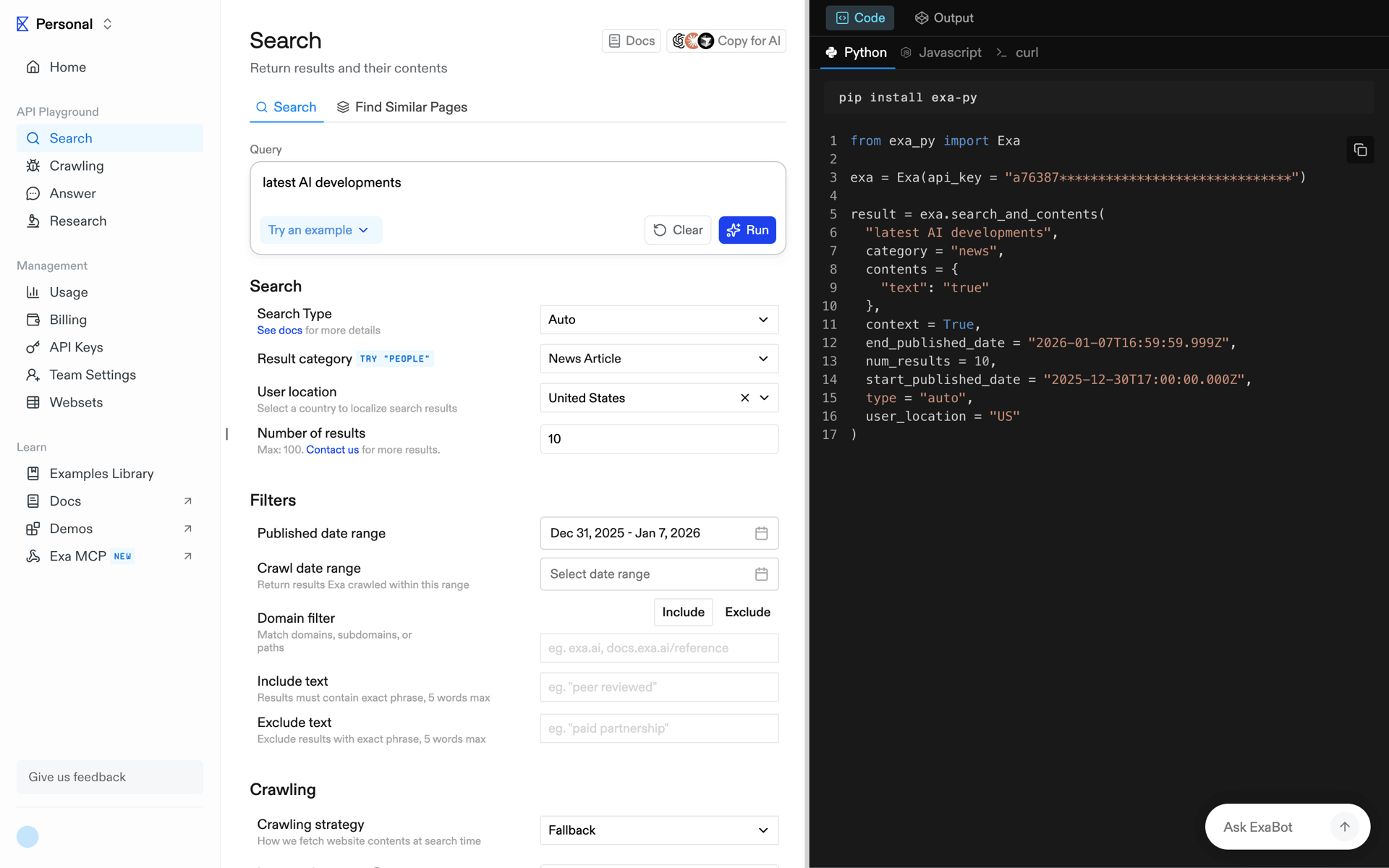 Exa Web Developer Tools interface screenshot 2