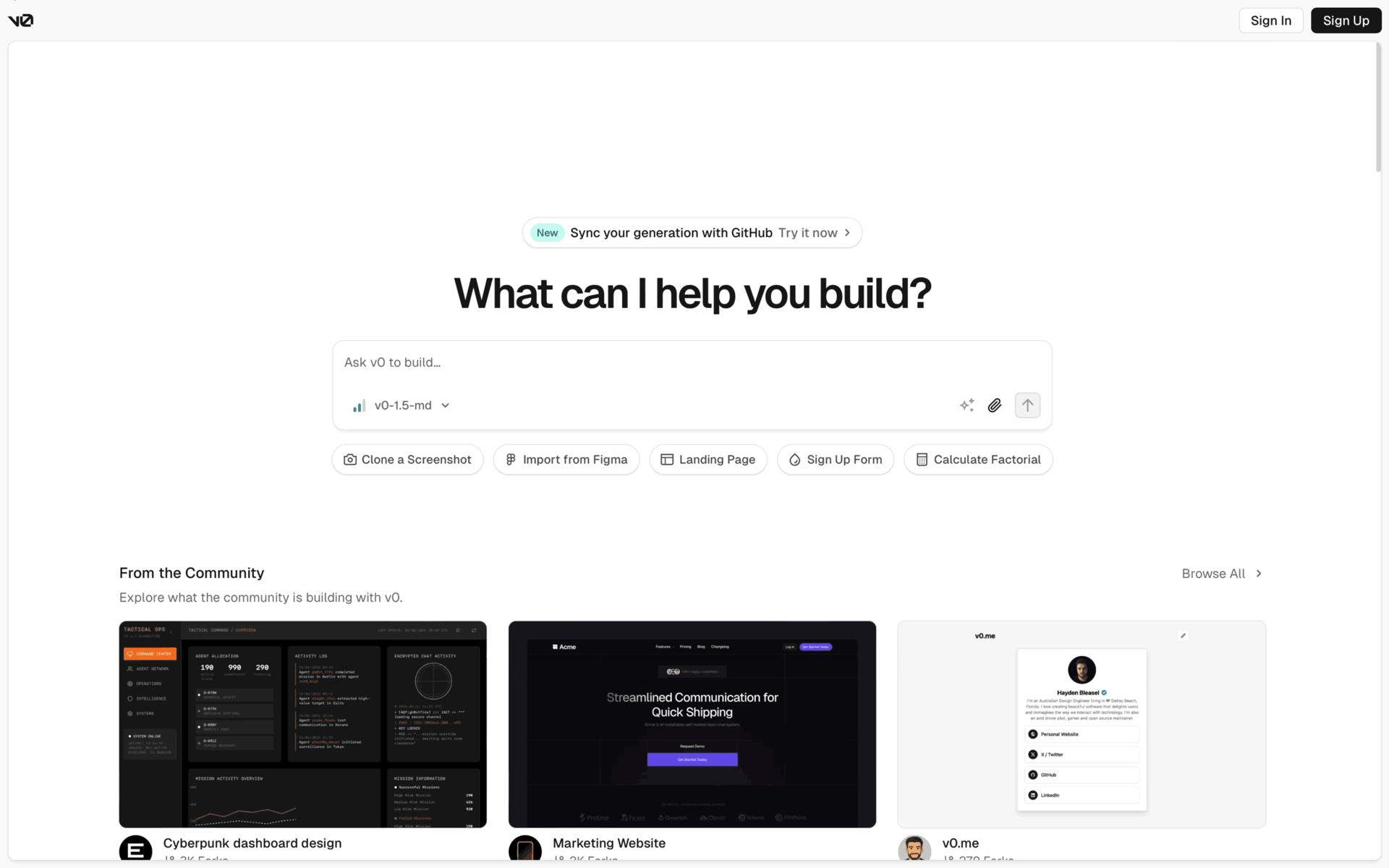 v0 Web AI interface screenshot 1