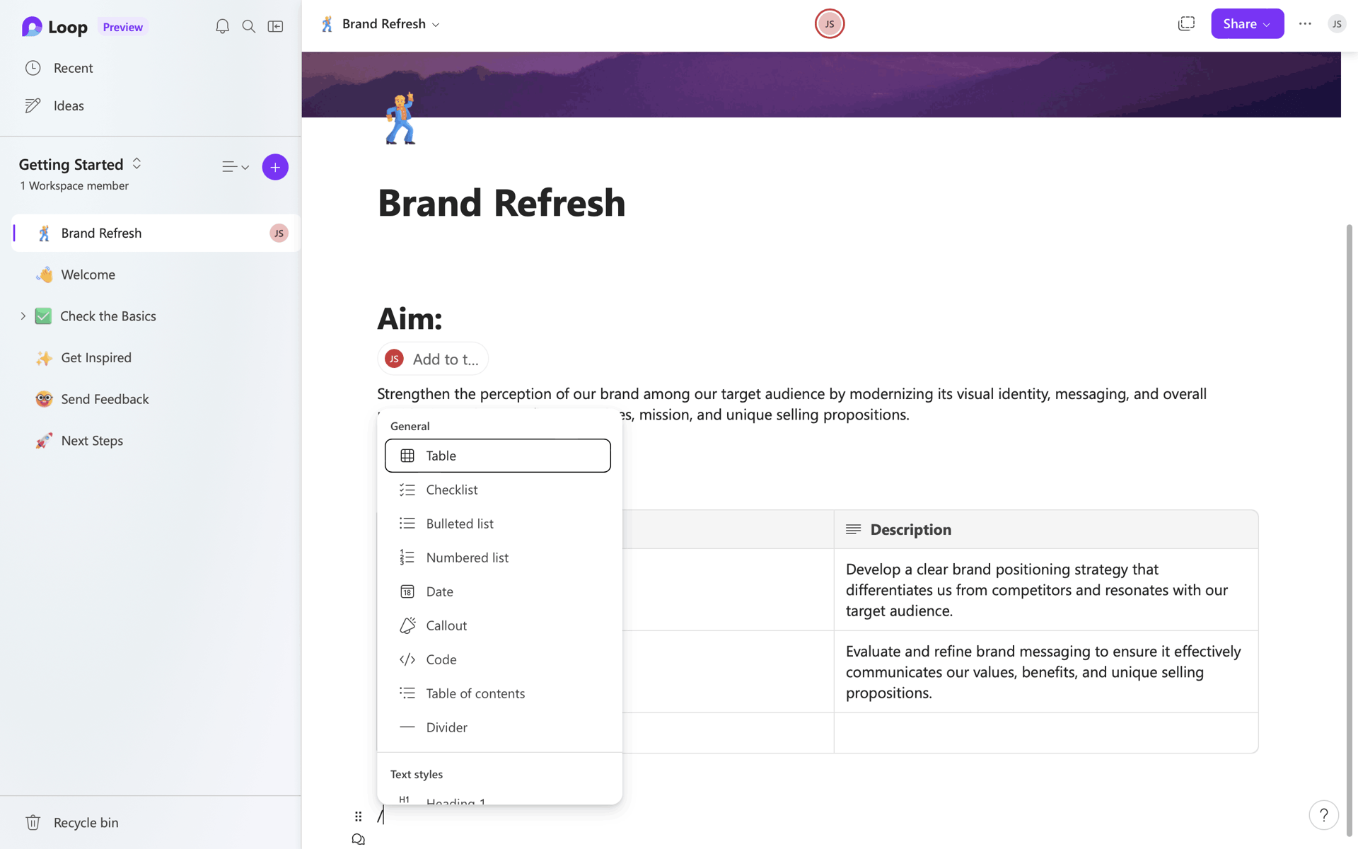 Microsoft Loop Web Collaboration interface screenshot 8