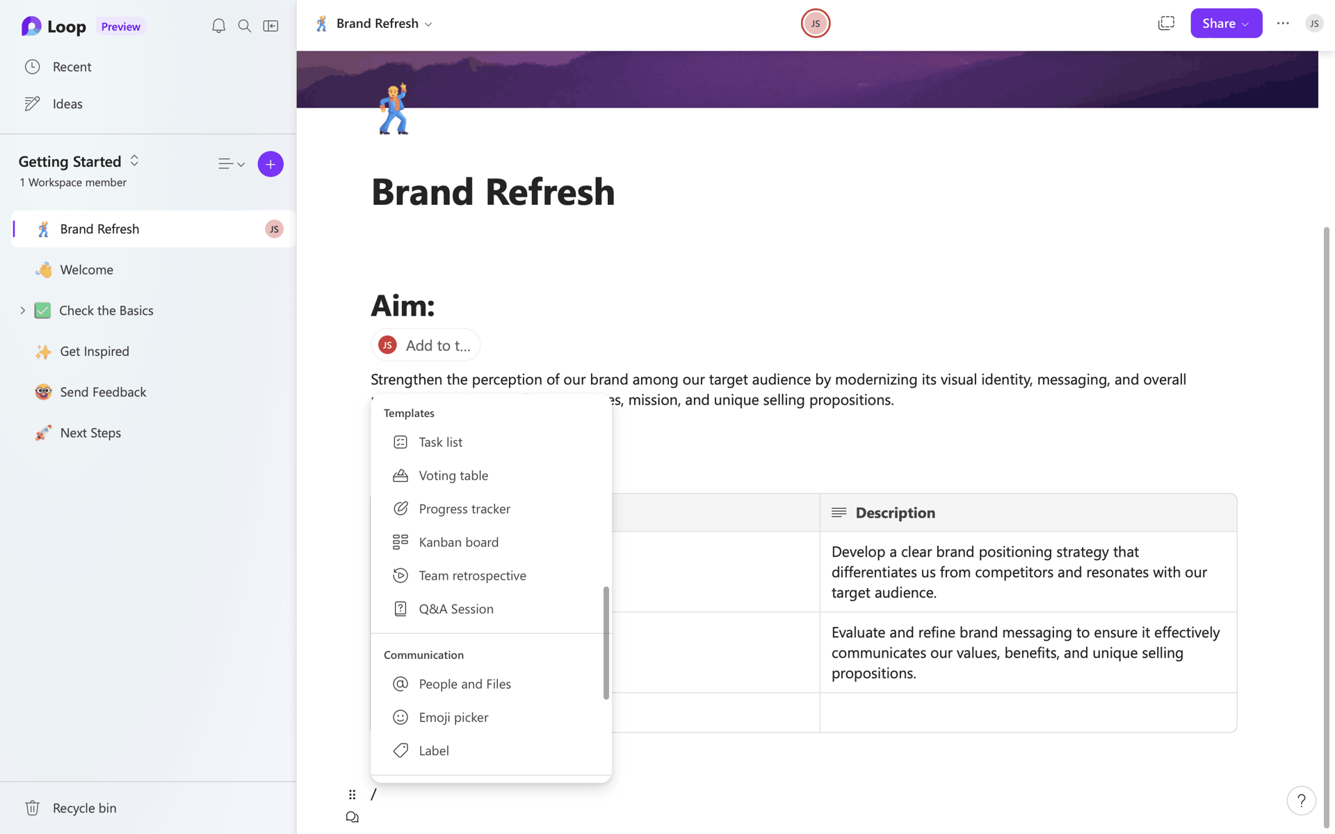 Microsoft Loop Web Collaboration interface screenshot 13