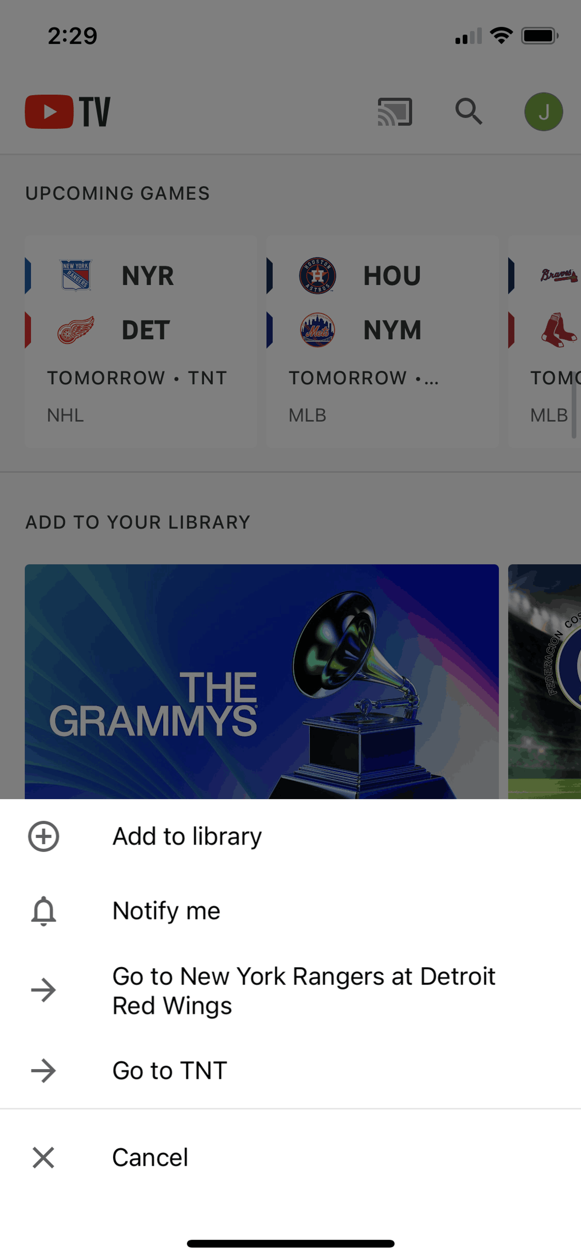 Event options on YouTube TV (ios) screen 2