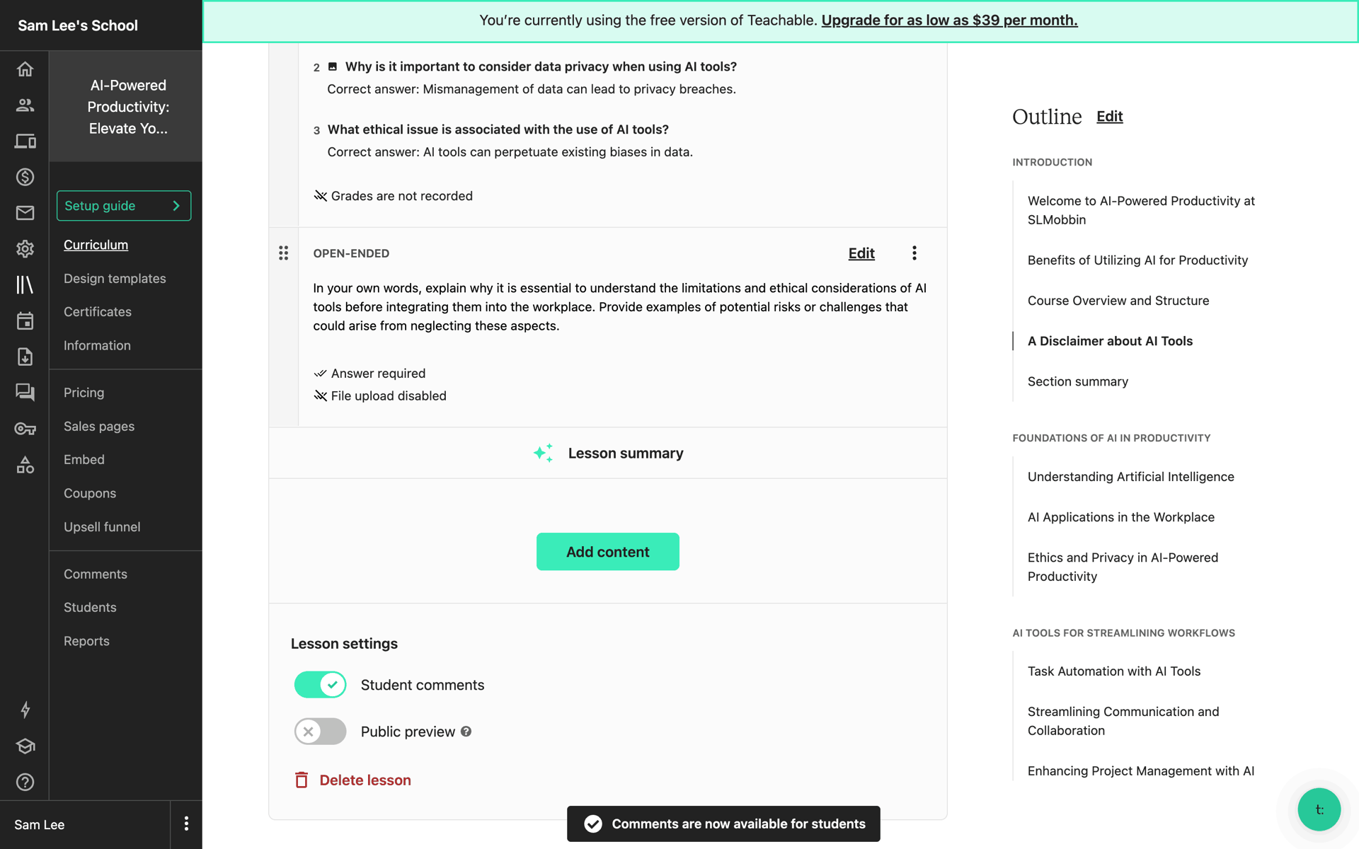 Teachable Web Business interface screenshot 12