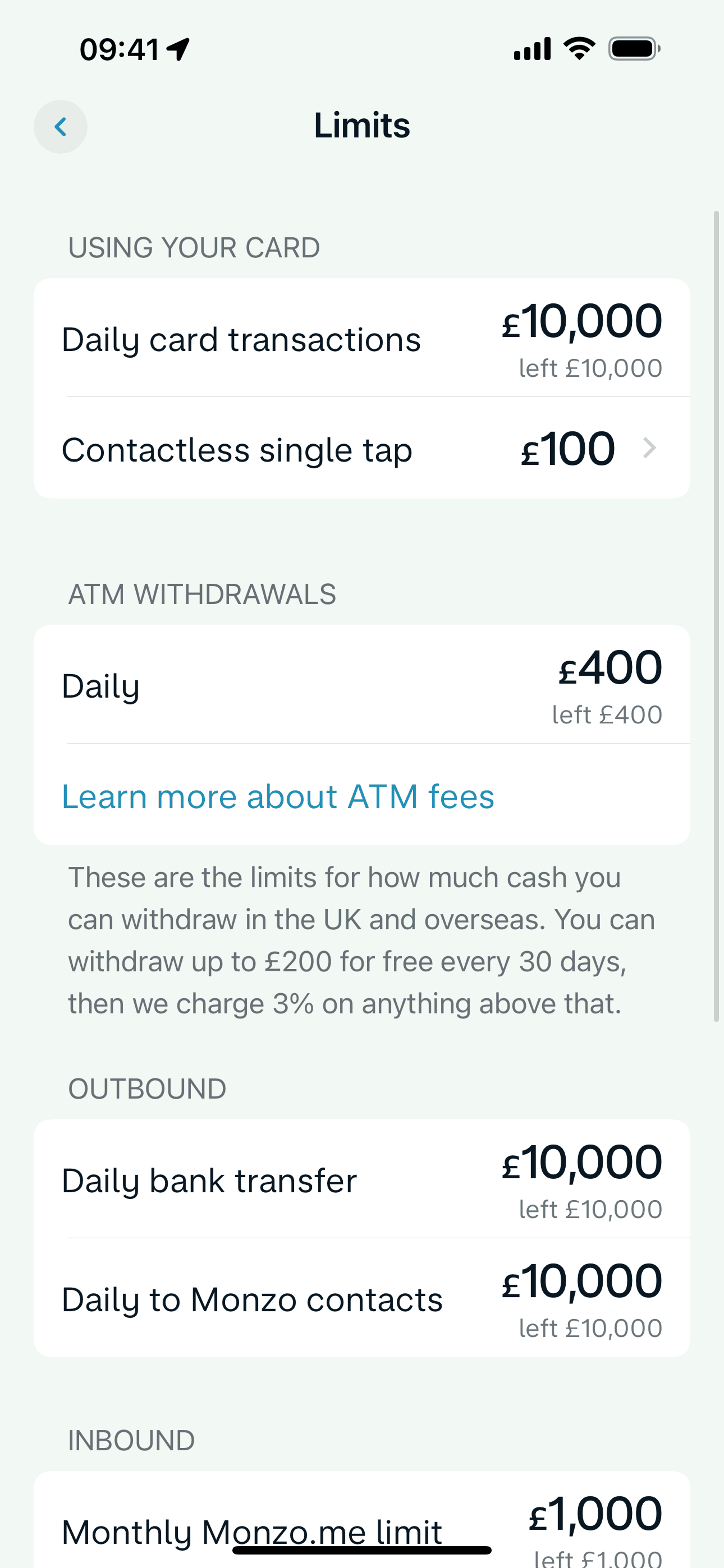 Limits on Monzo (ios) screen 2