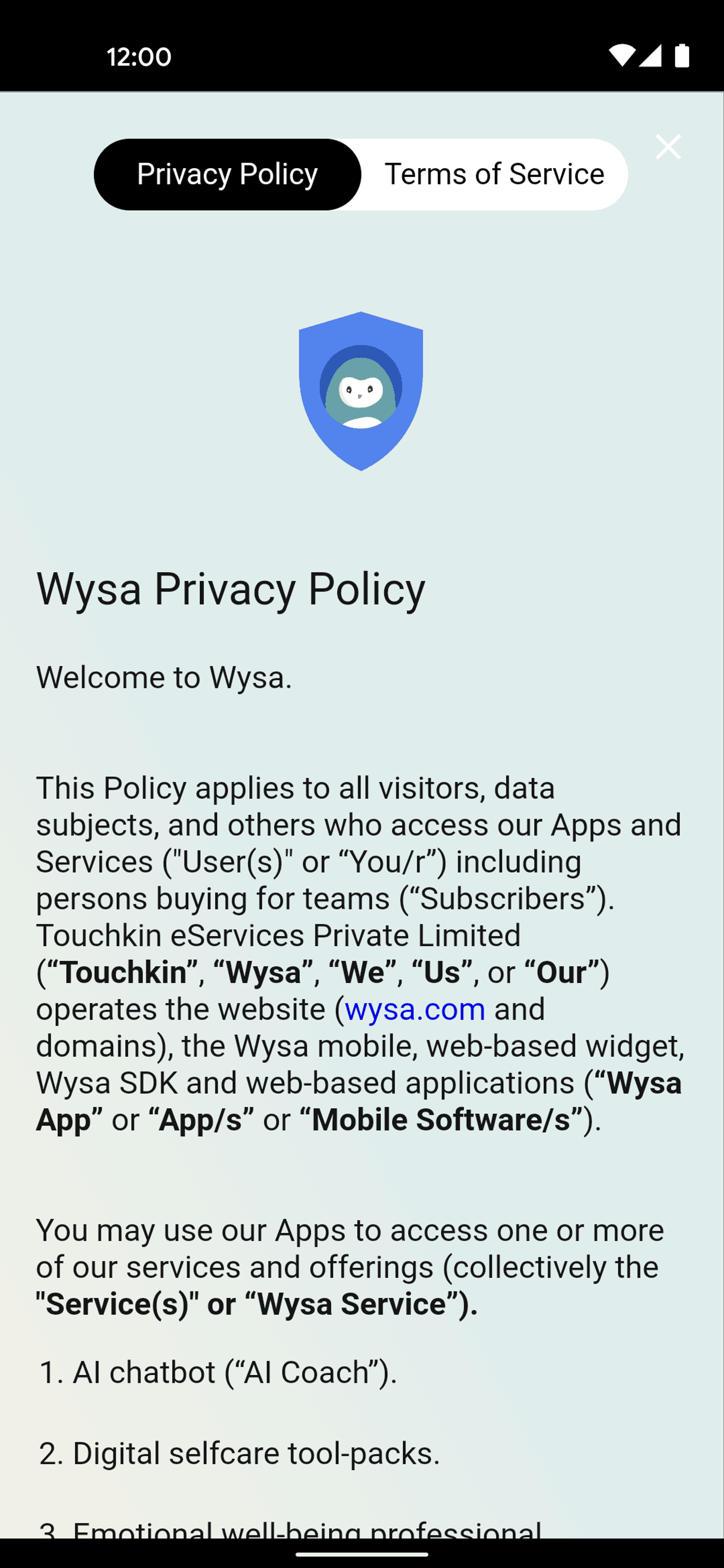 Wysa Android AI interface screenshot 9