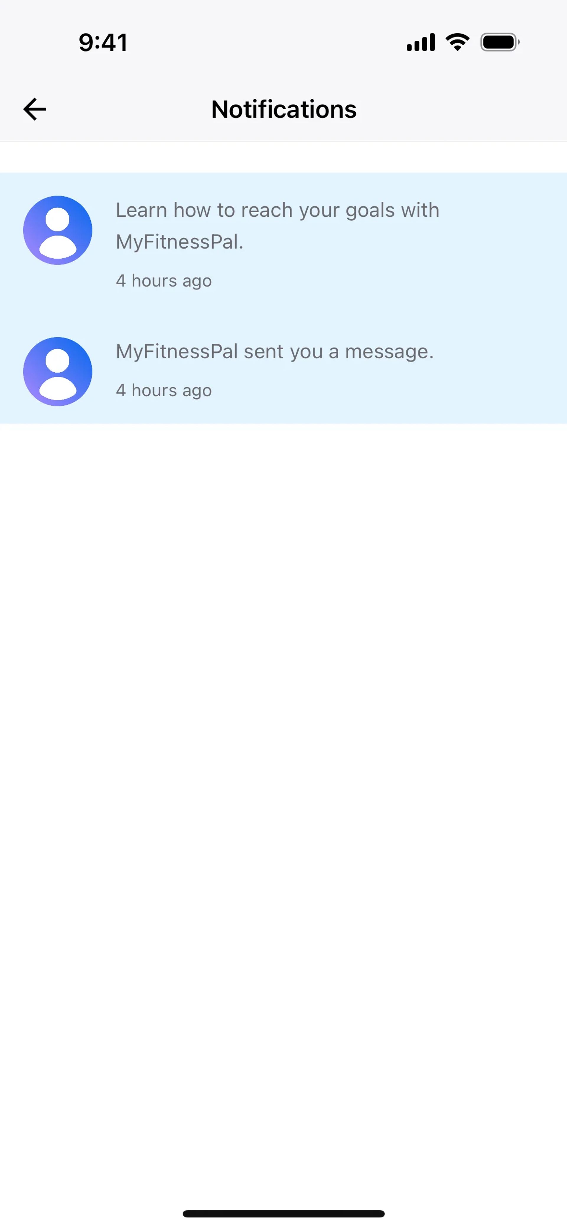 Notifications on MyFitnessPal (ios) screen 2