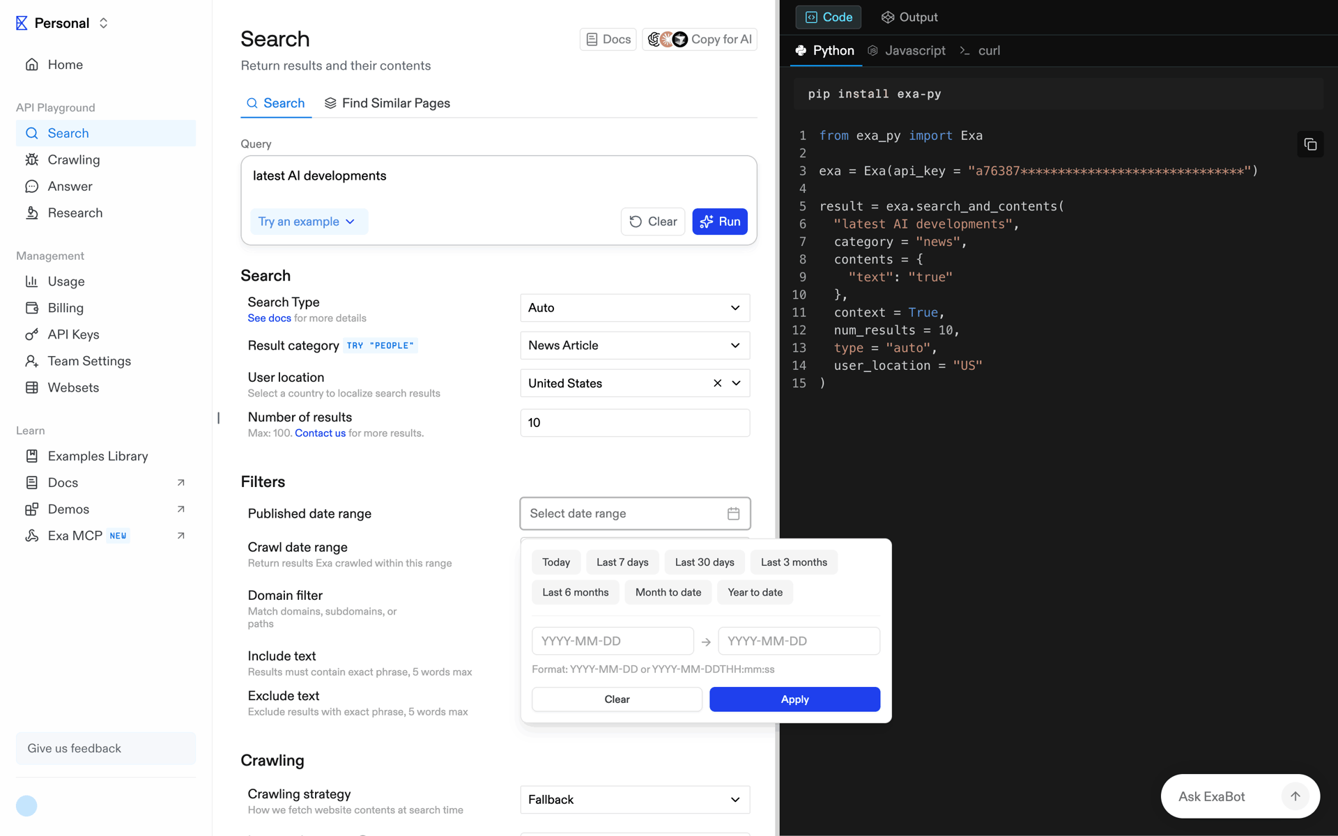 Exa Web Developer Tools interface screenshot 24