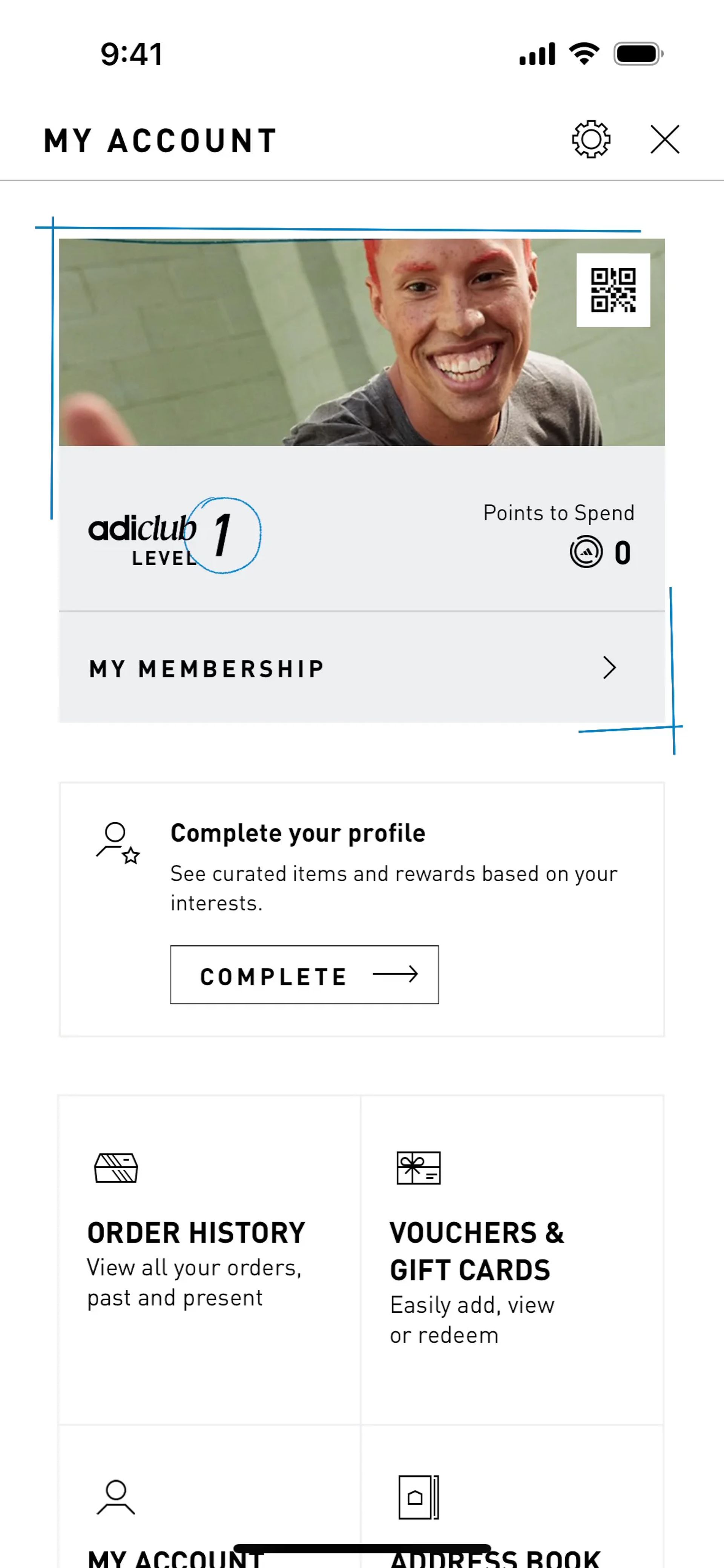 Completing profile on adidas (ios) screen 1