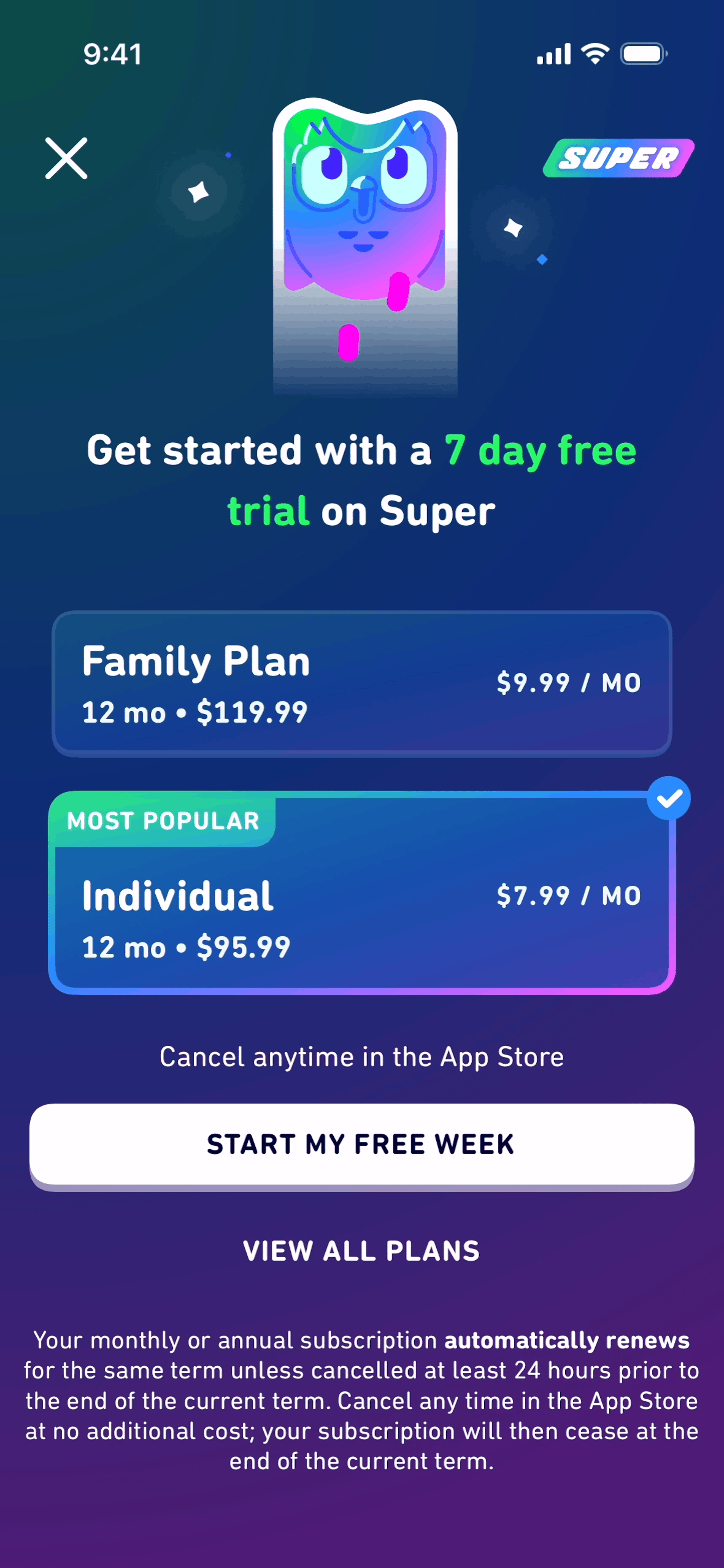Duolingo Super subscription paywall from the Gummble UI library