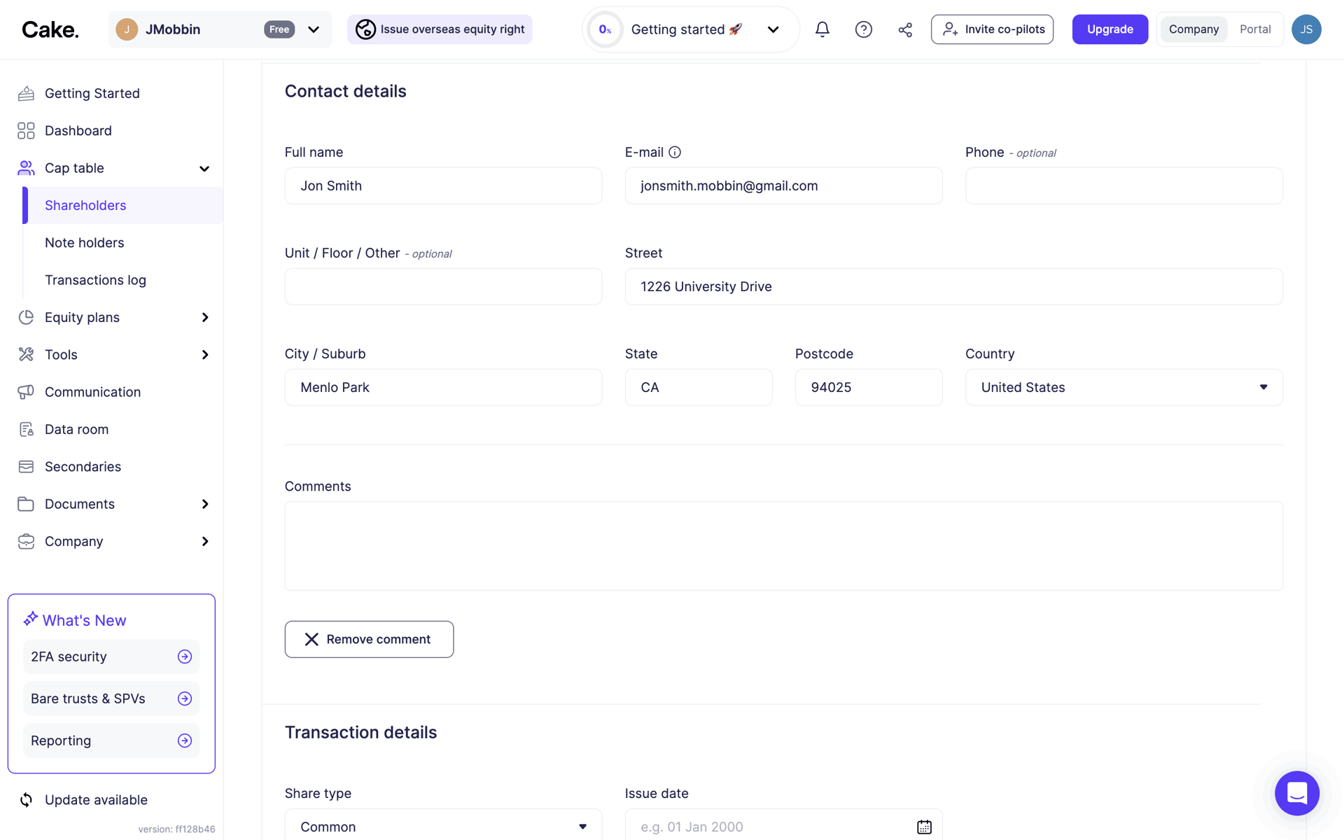 Cake Equity Web Business interface screenshot 11