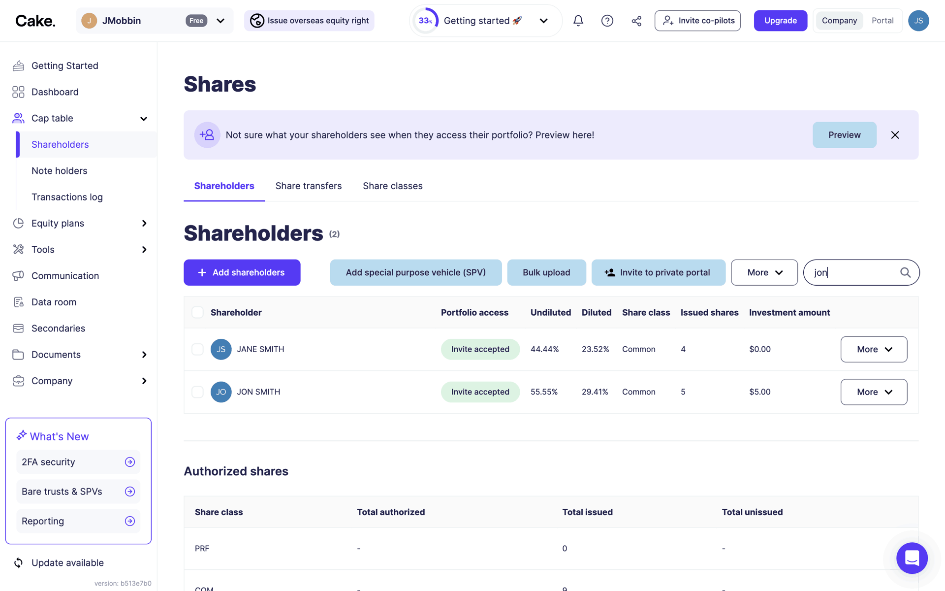 Cake Equity Web Business interface screenshot 14