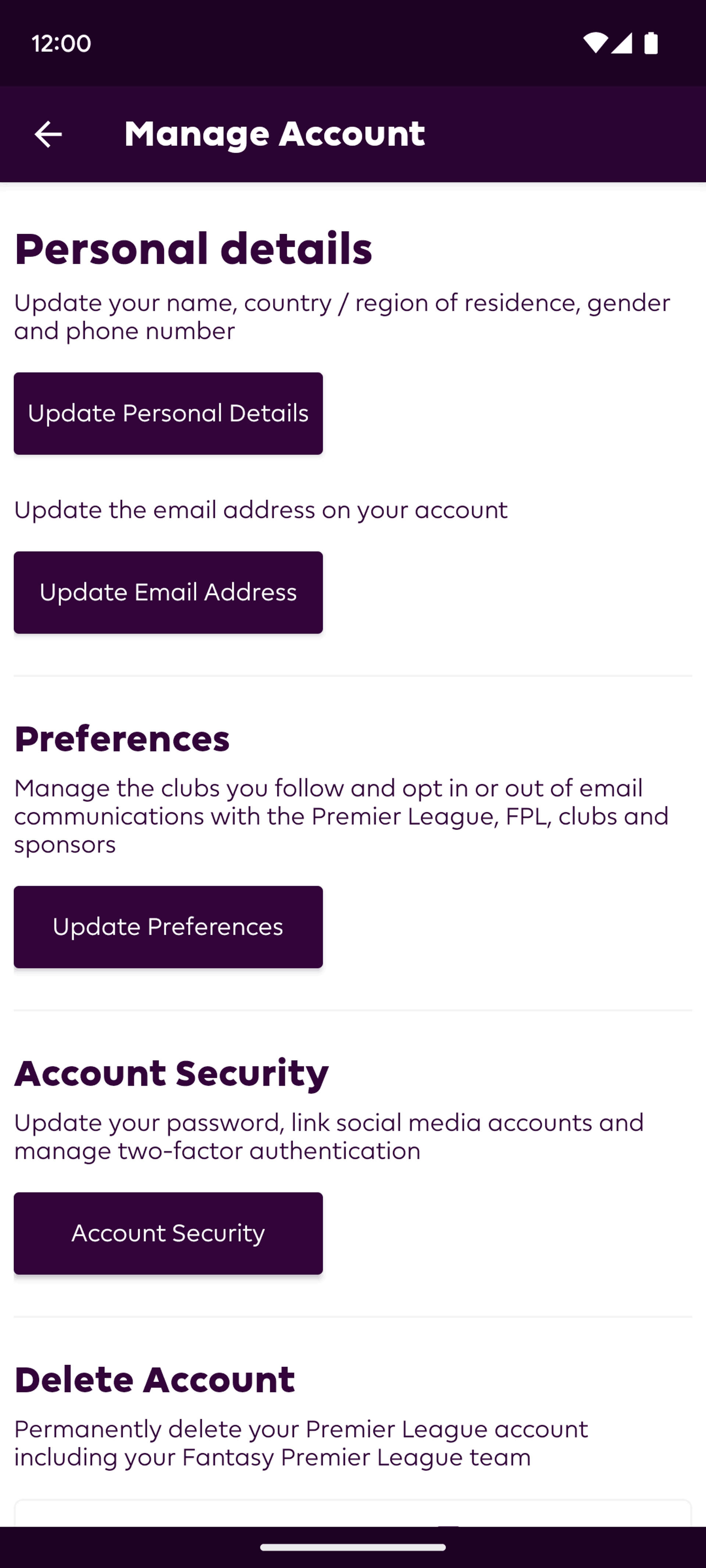 Premier League Android Sports interface screenshot 15