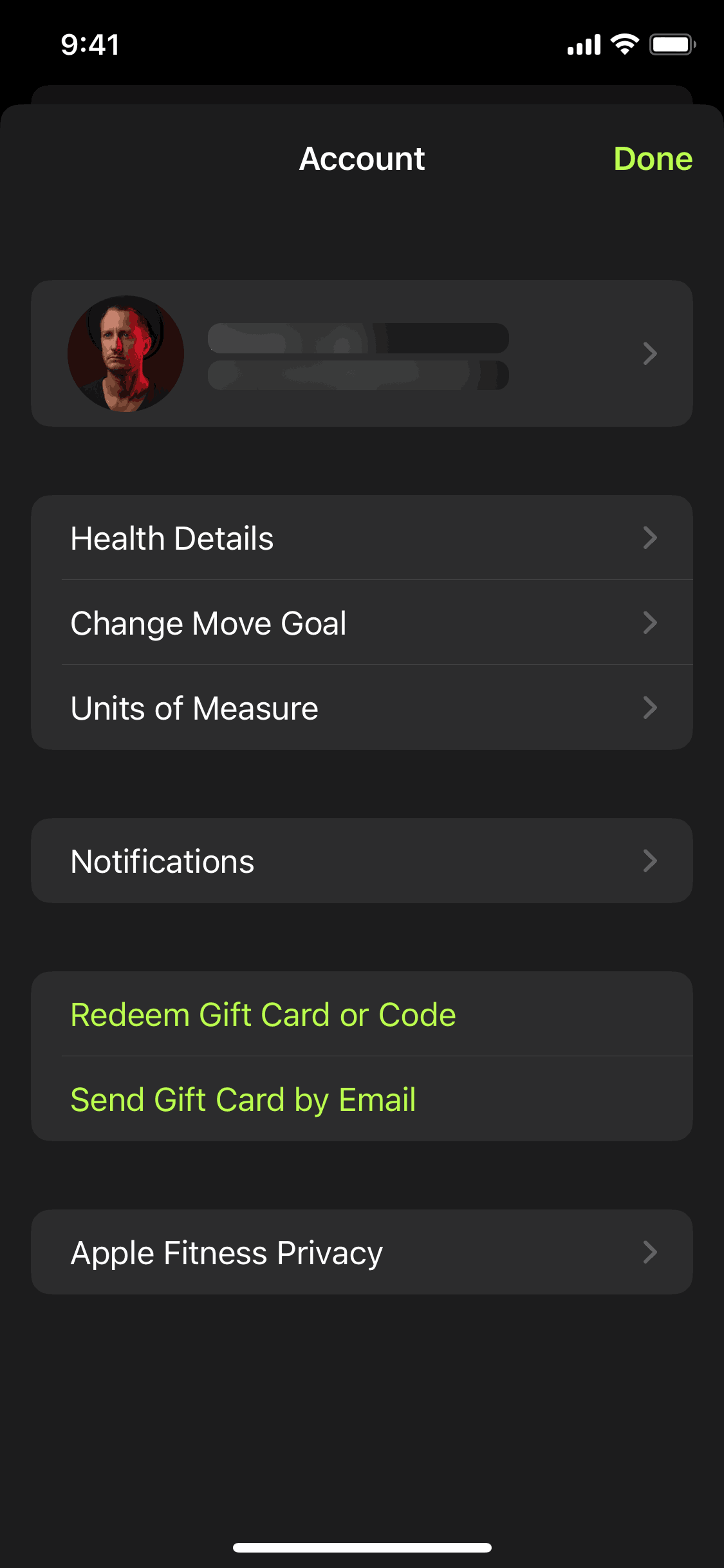 Settings on Apple Fitness (ios) screen 2