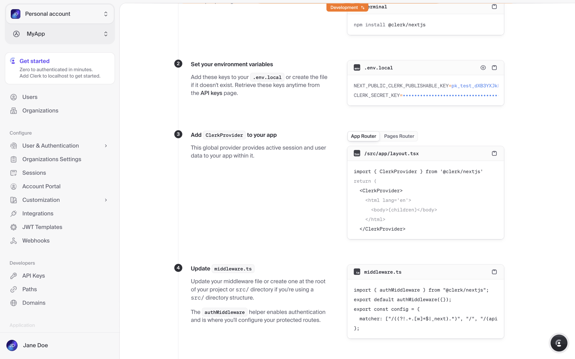 Clerk Web Developer Tools interface screenshot 23