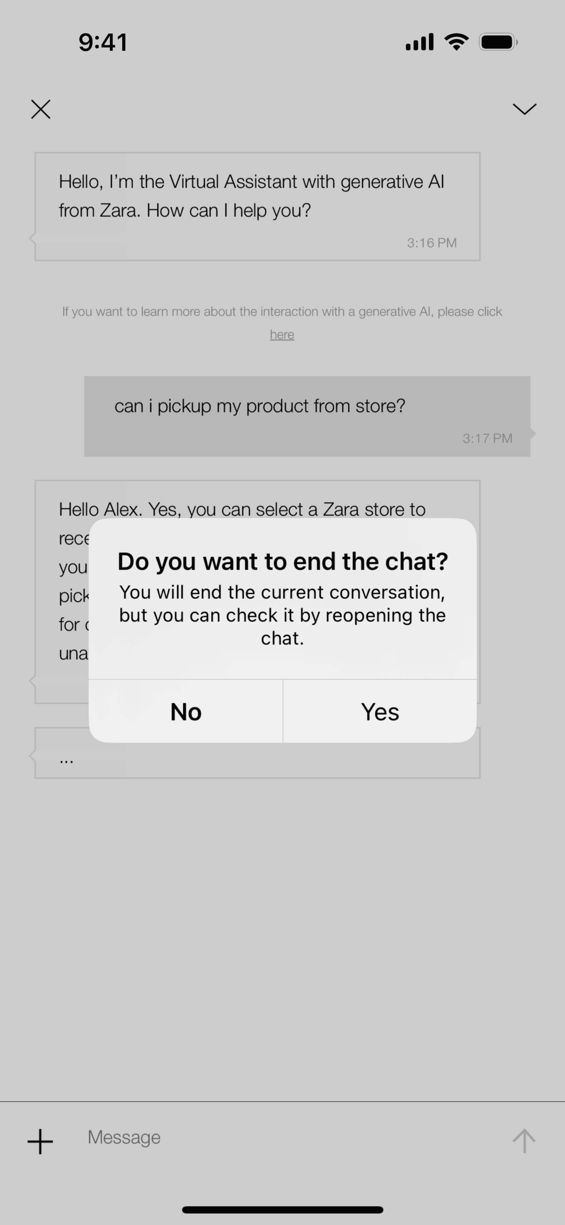 Ending chat with virtual assistant on ZARA (ios) screen 2