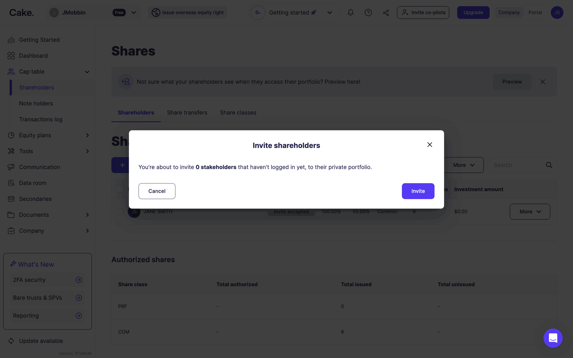 Cake Equity Web Business interface screenshot 8