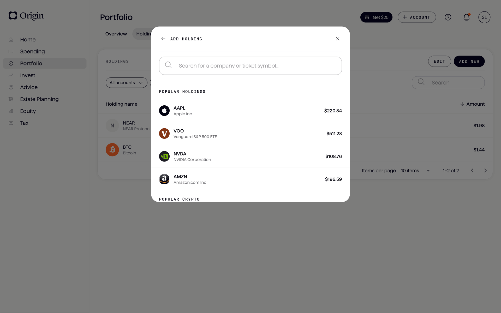 Origin Web Finance interface screenshot 15