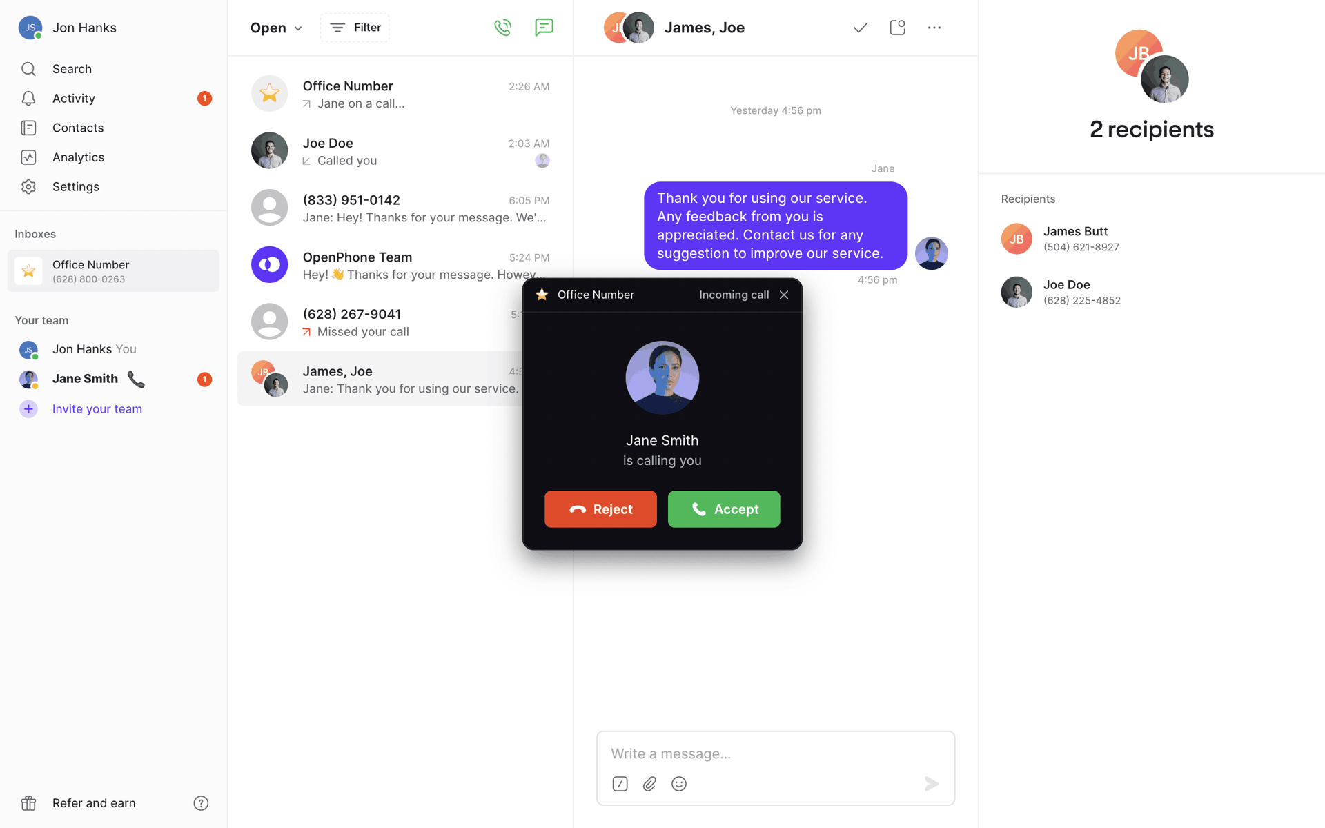 OpenPhone Web Business interface screenshot 3
