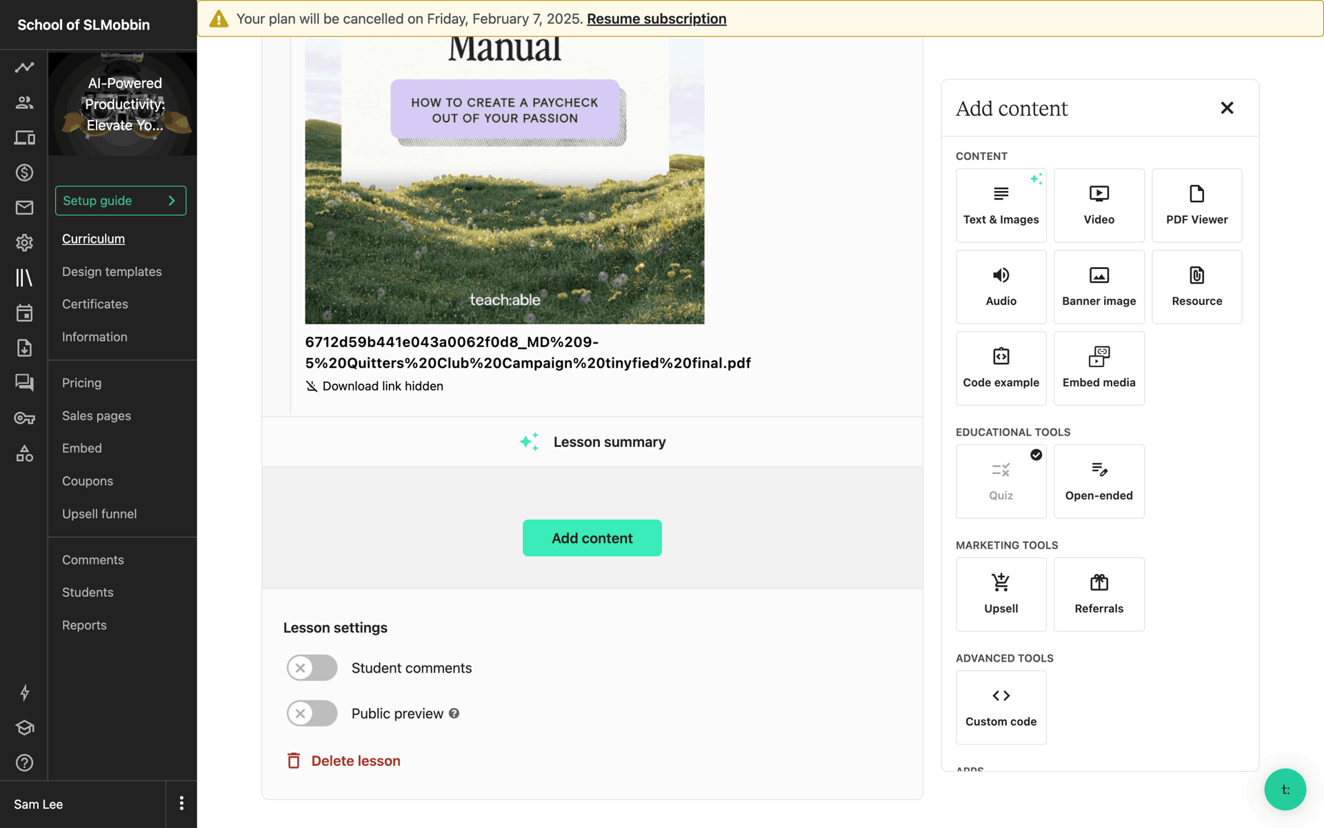 Teachable Web Business interface screenshot 7