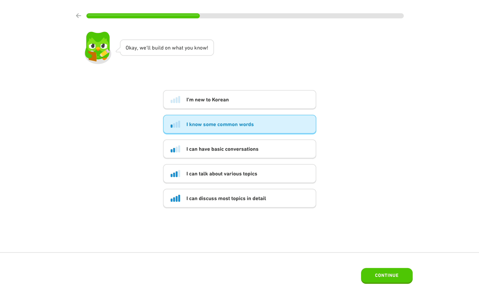 Onboarding on Duolingo (web) screen 8
