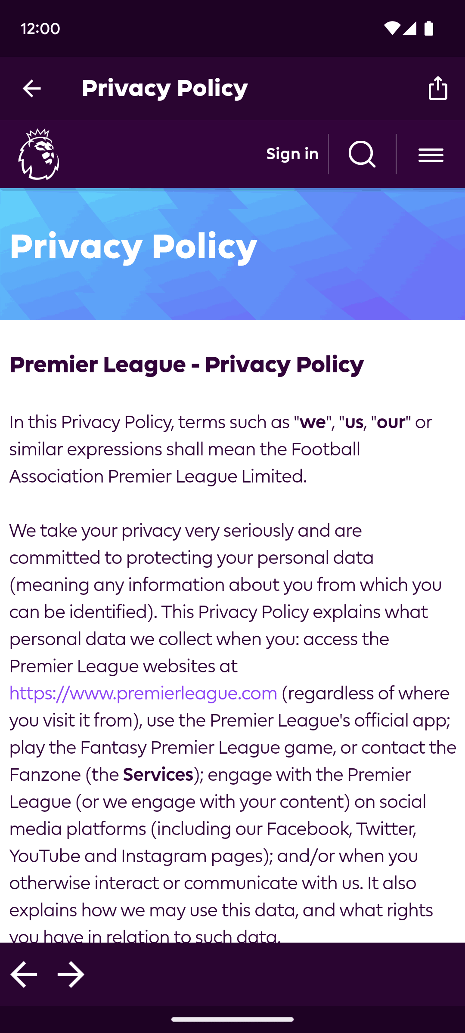 Premier League Android Sports interface screenshot 23