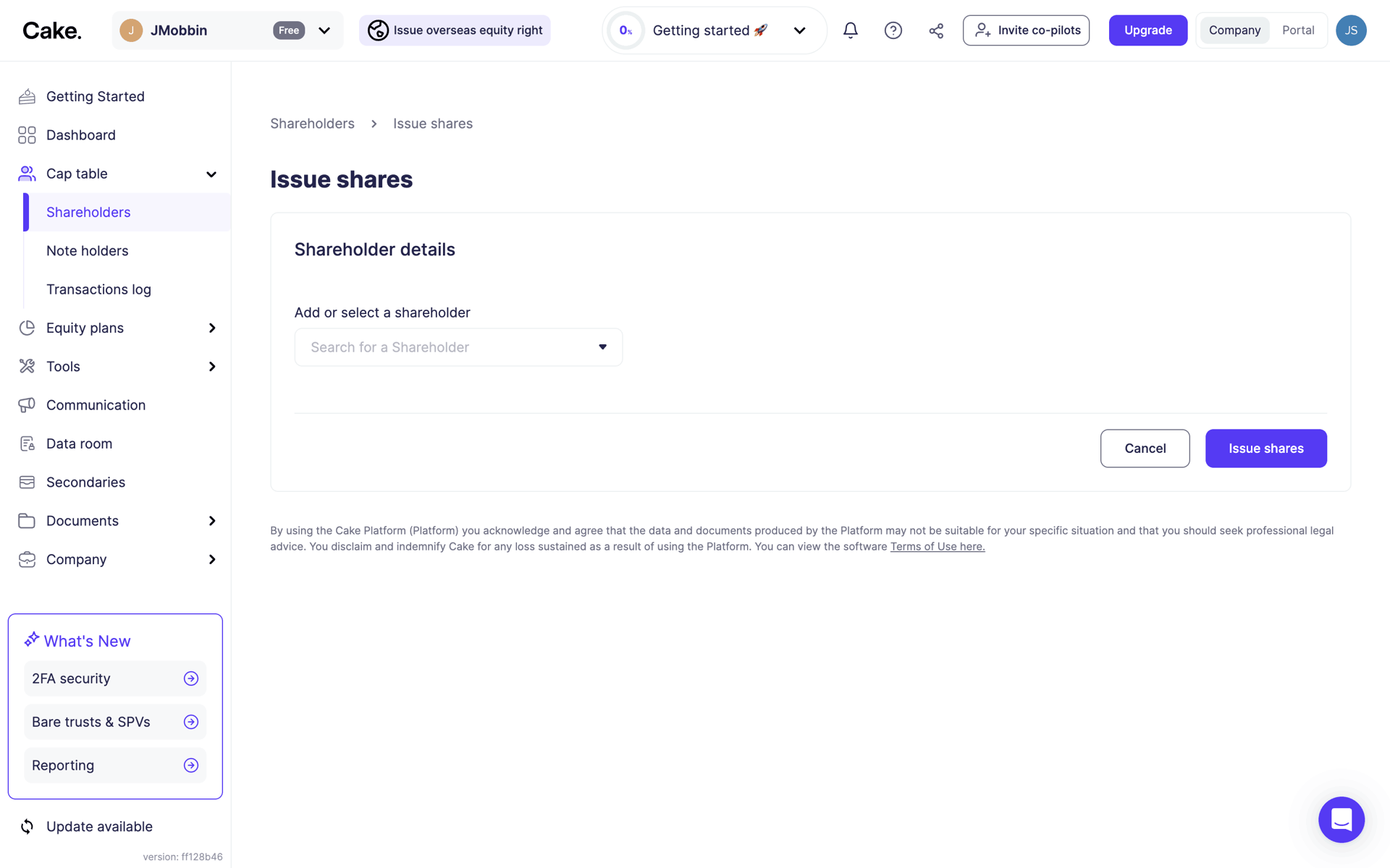 Cake Equity Web Business interface screenshot 9