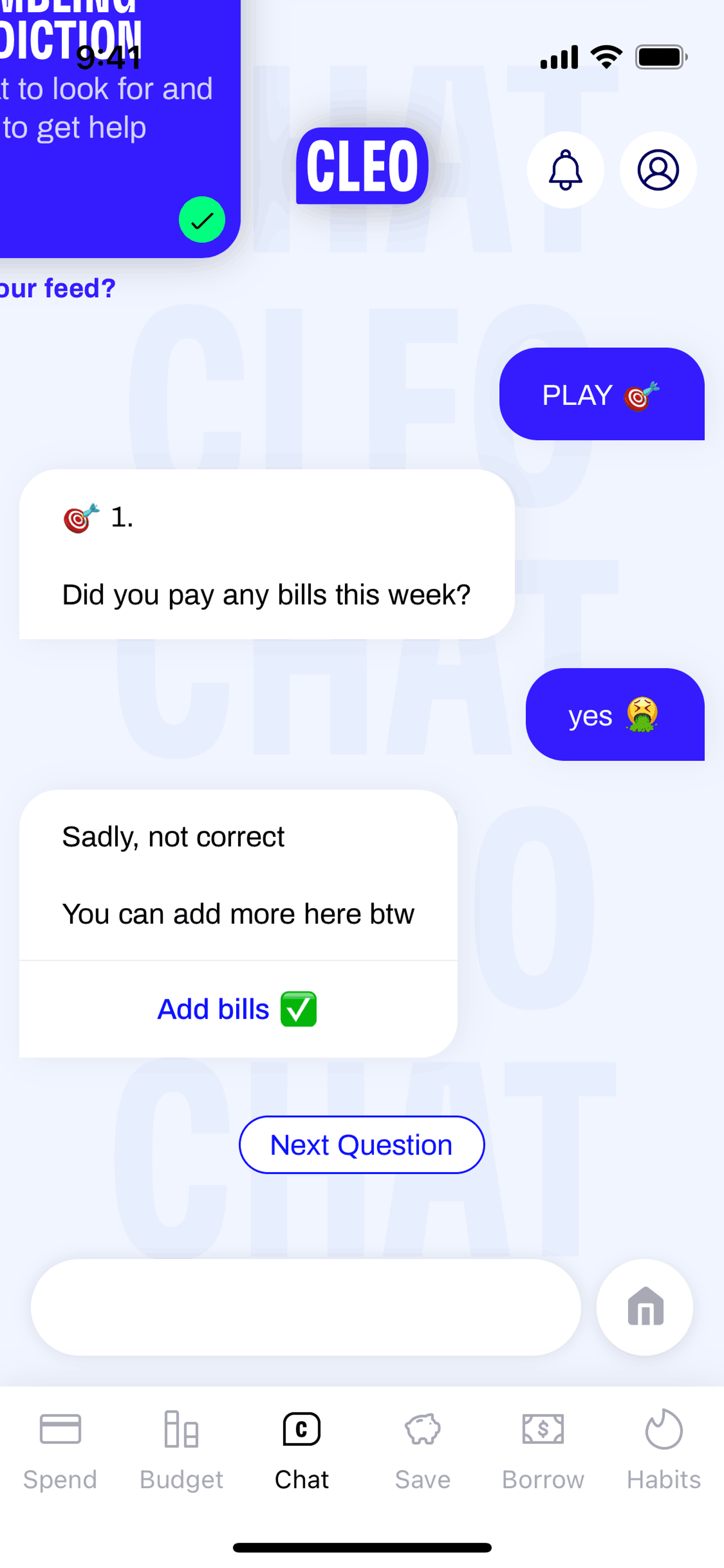 Cleo iOS Finance interface screenshot 8